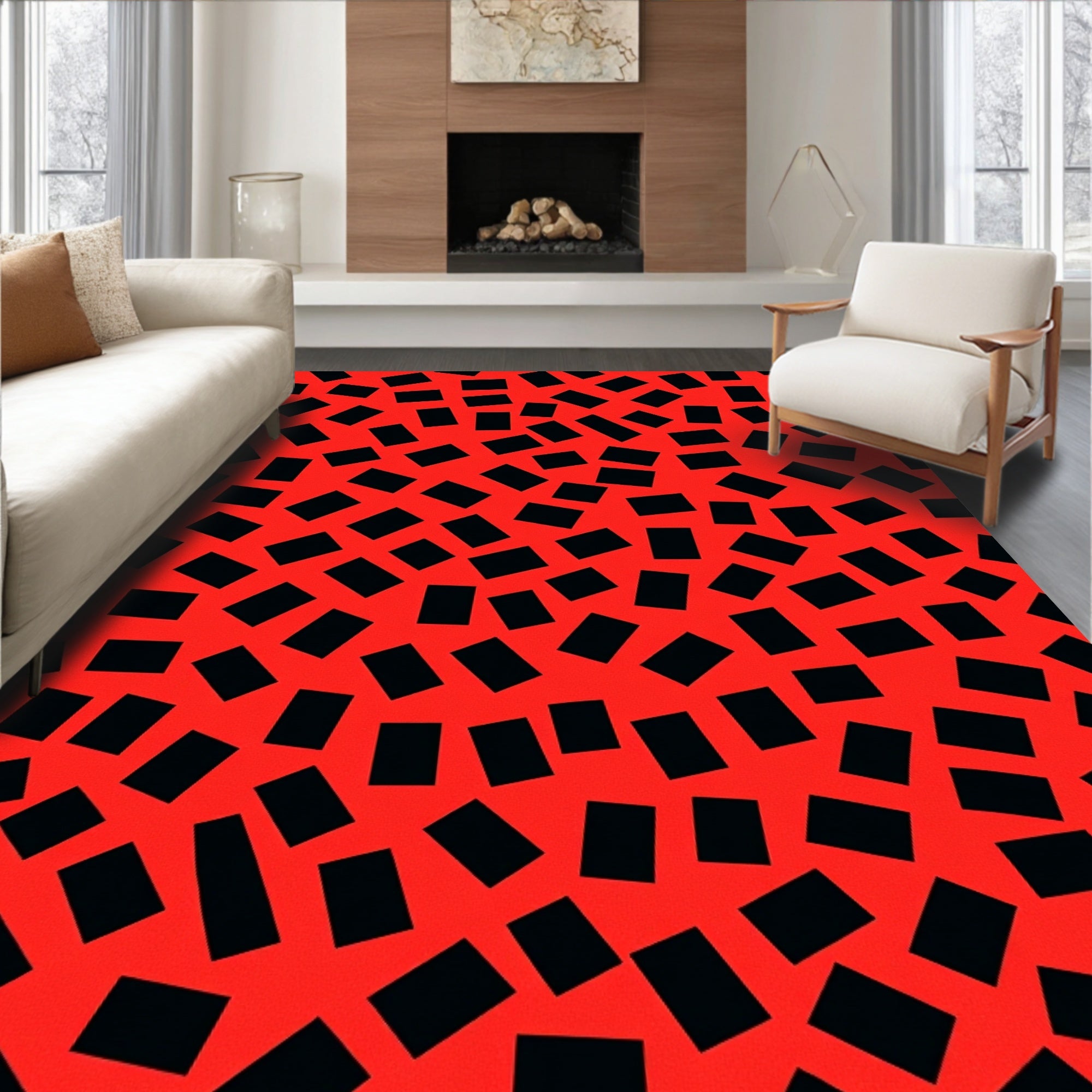 Red Black Scattered Geometric Pattern Rug