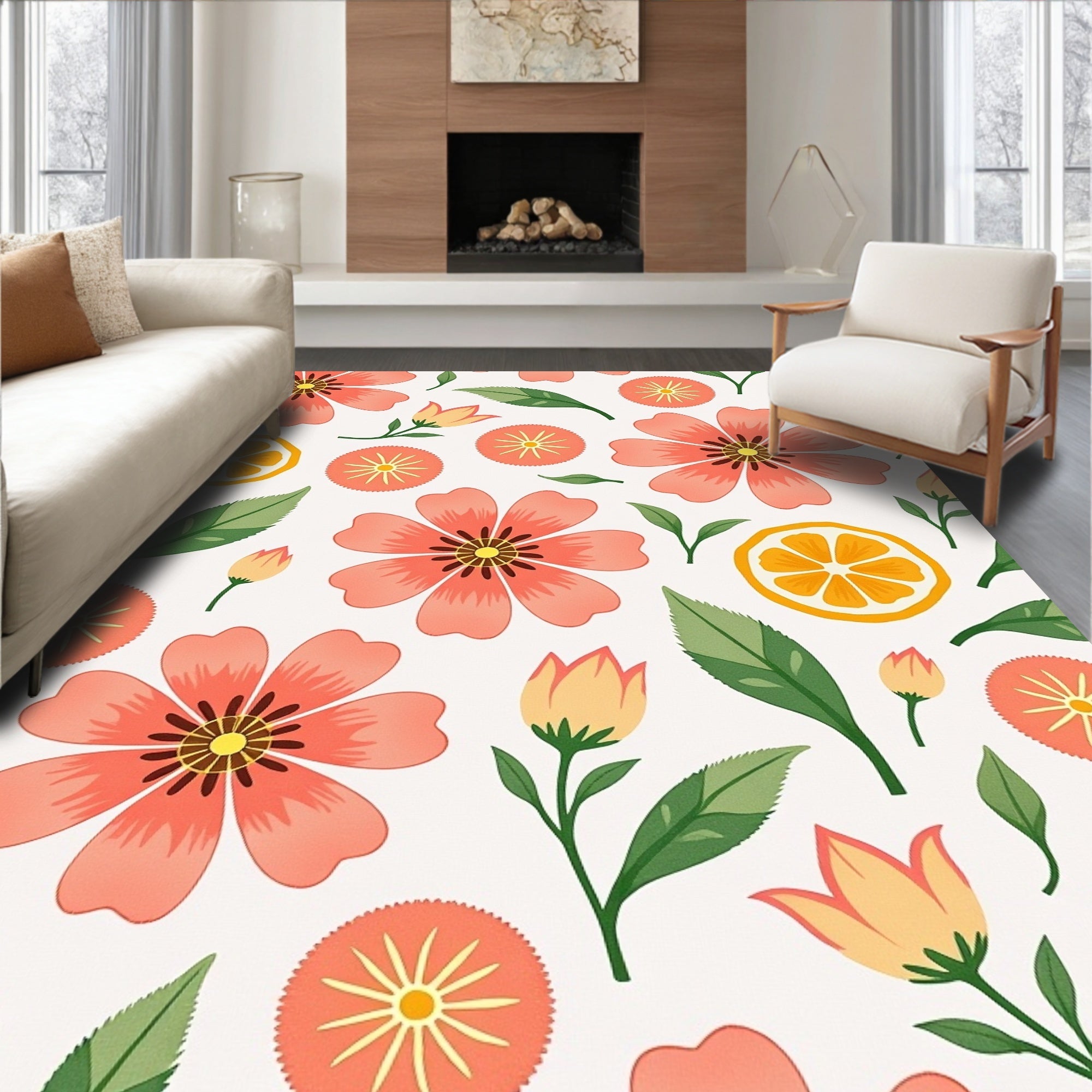 Coral Floral Citrus Pattern Rug