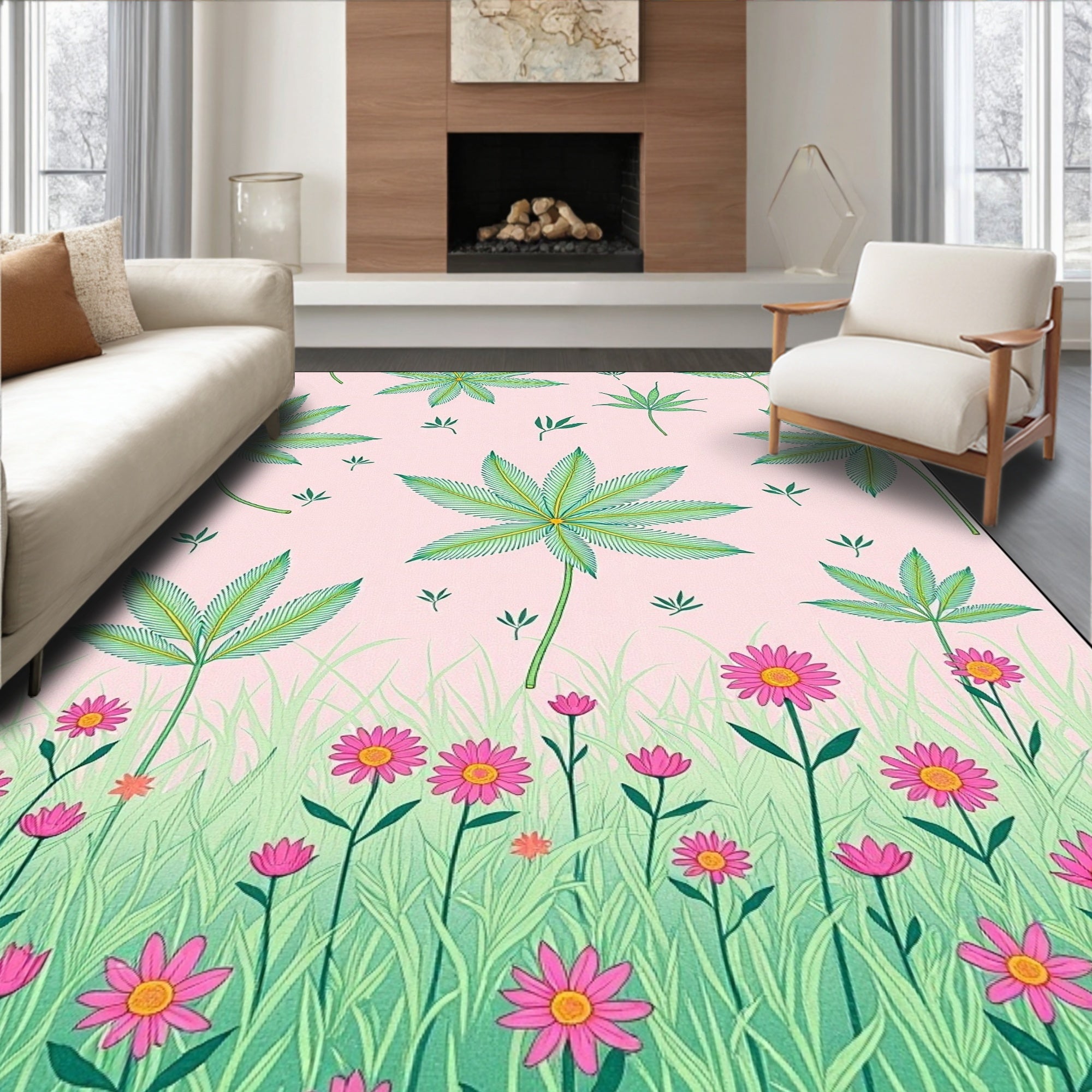 Green Leaf Pink Flower Meadow Rug
