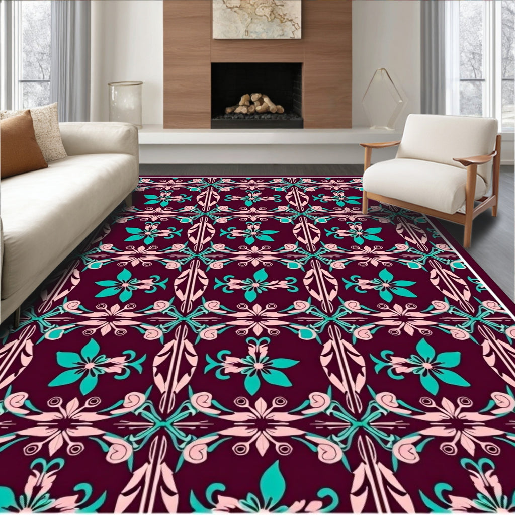 Regal Teal Pink Floral Scroll Rug
