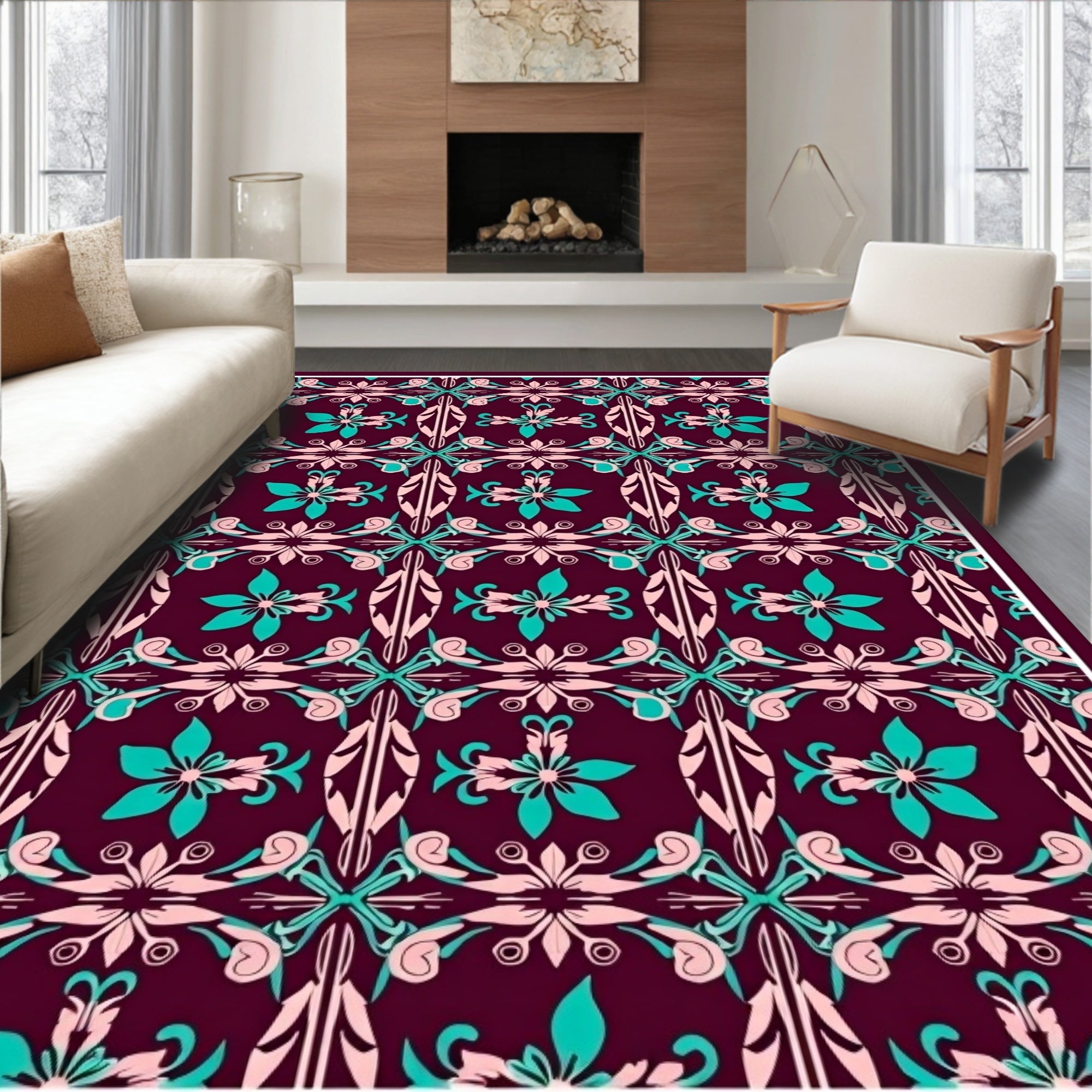 Regal Teal Pink Floral Scroll Rug