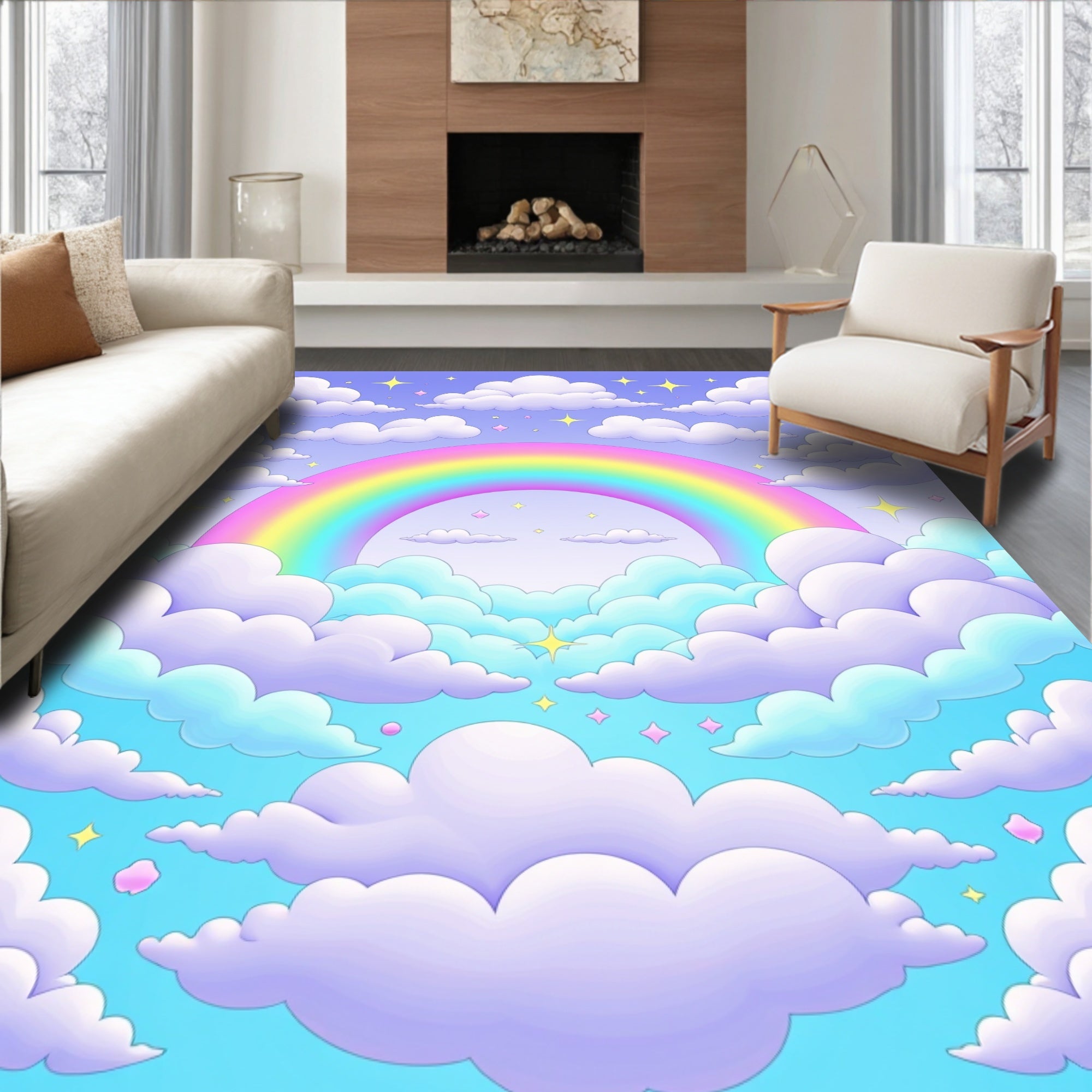 Pastel Sky With Rainbow Stars Rug