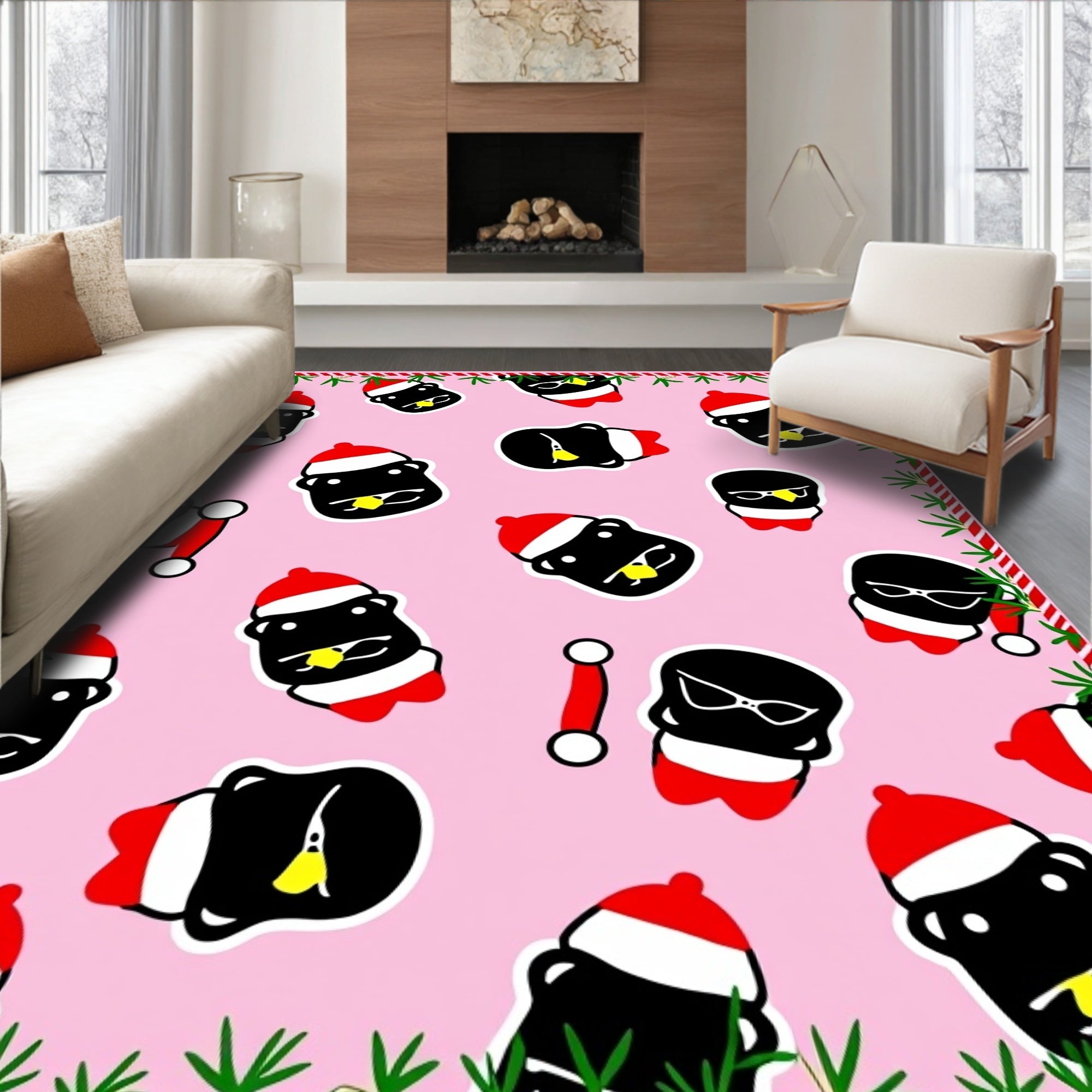 Pink Festive Penguin Holiday Collage Rug