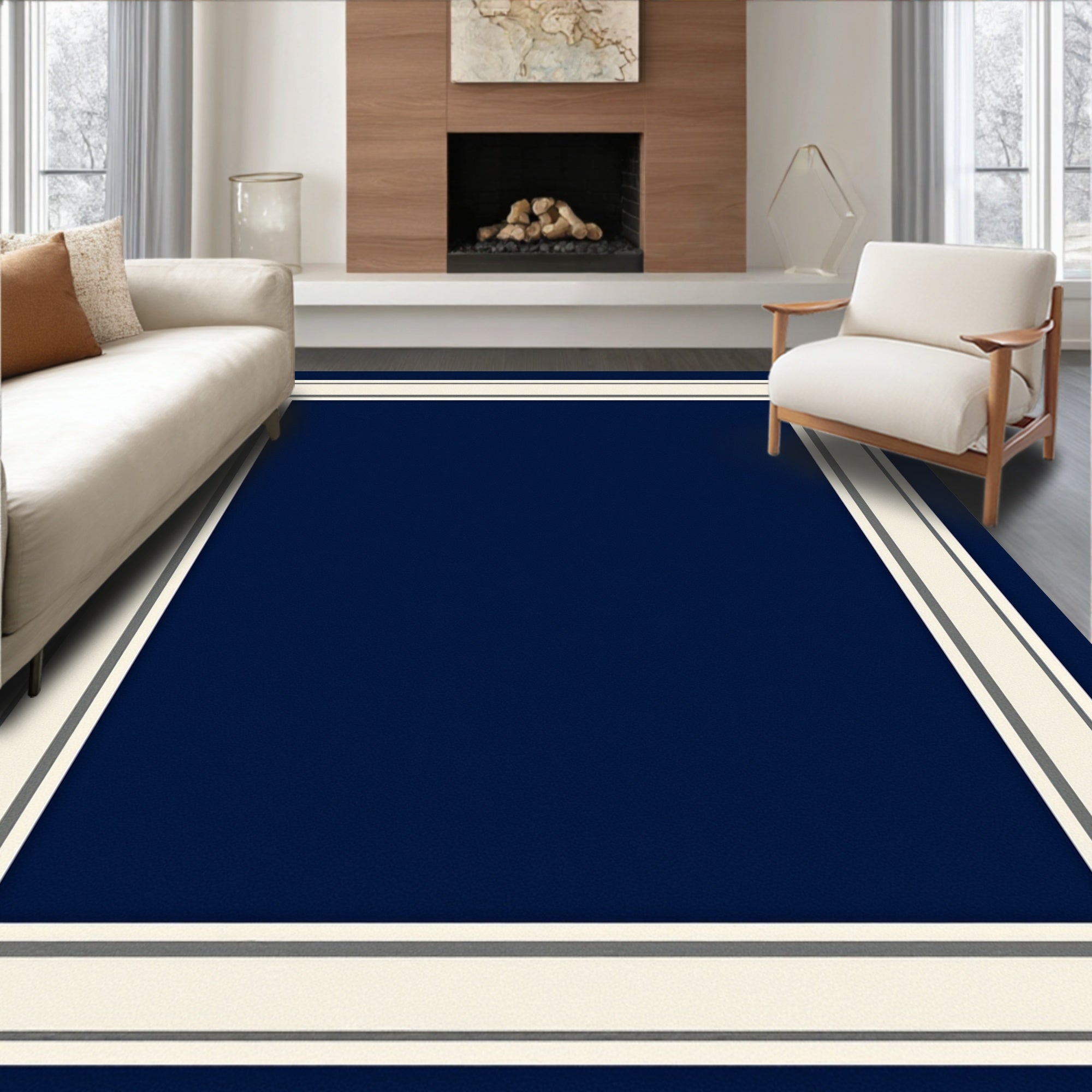 Classic Navy Cream Geometric Border Rug
