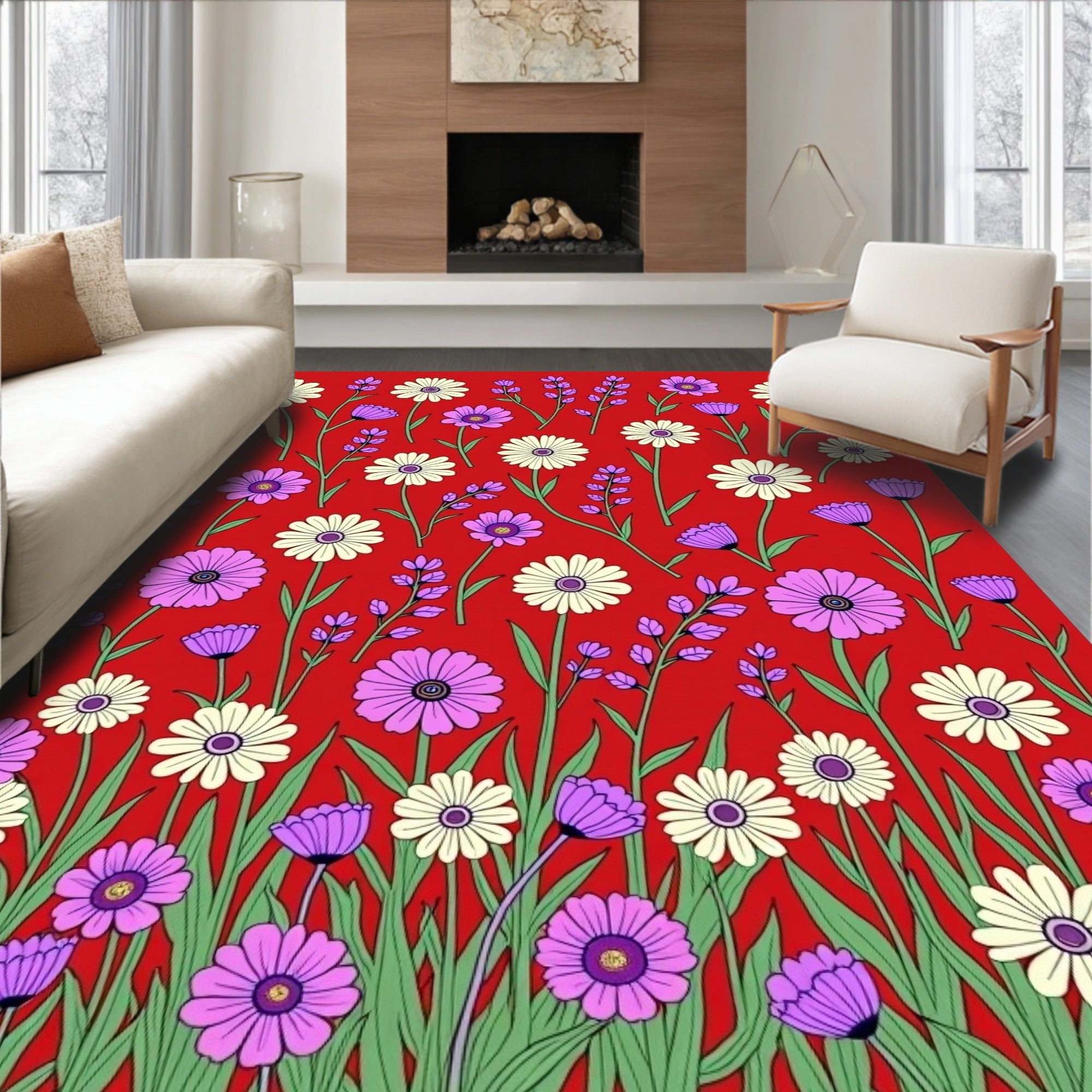 Floral Meadow Pattern With Lavender Sprigs Rug