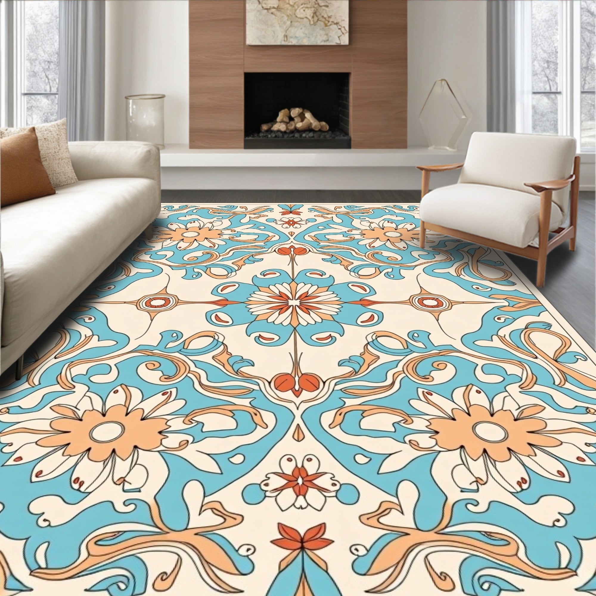 Bold Floral Swirls In Cream And Blue Rug