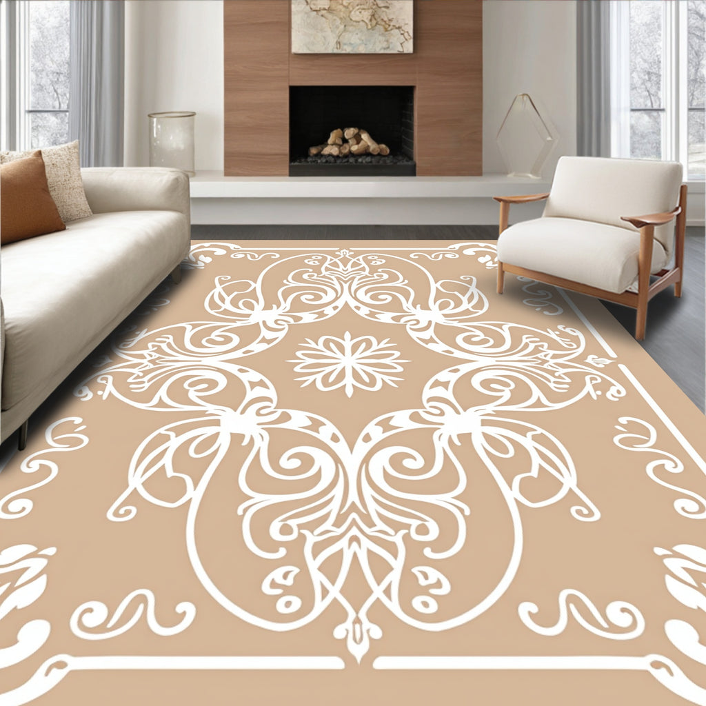Tan Ornate Scrollwork Pattern Rug