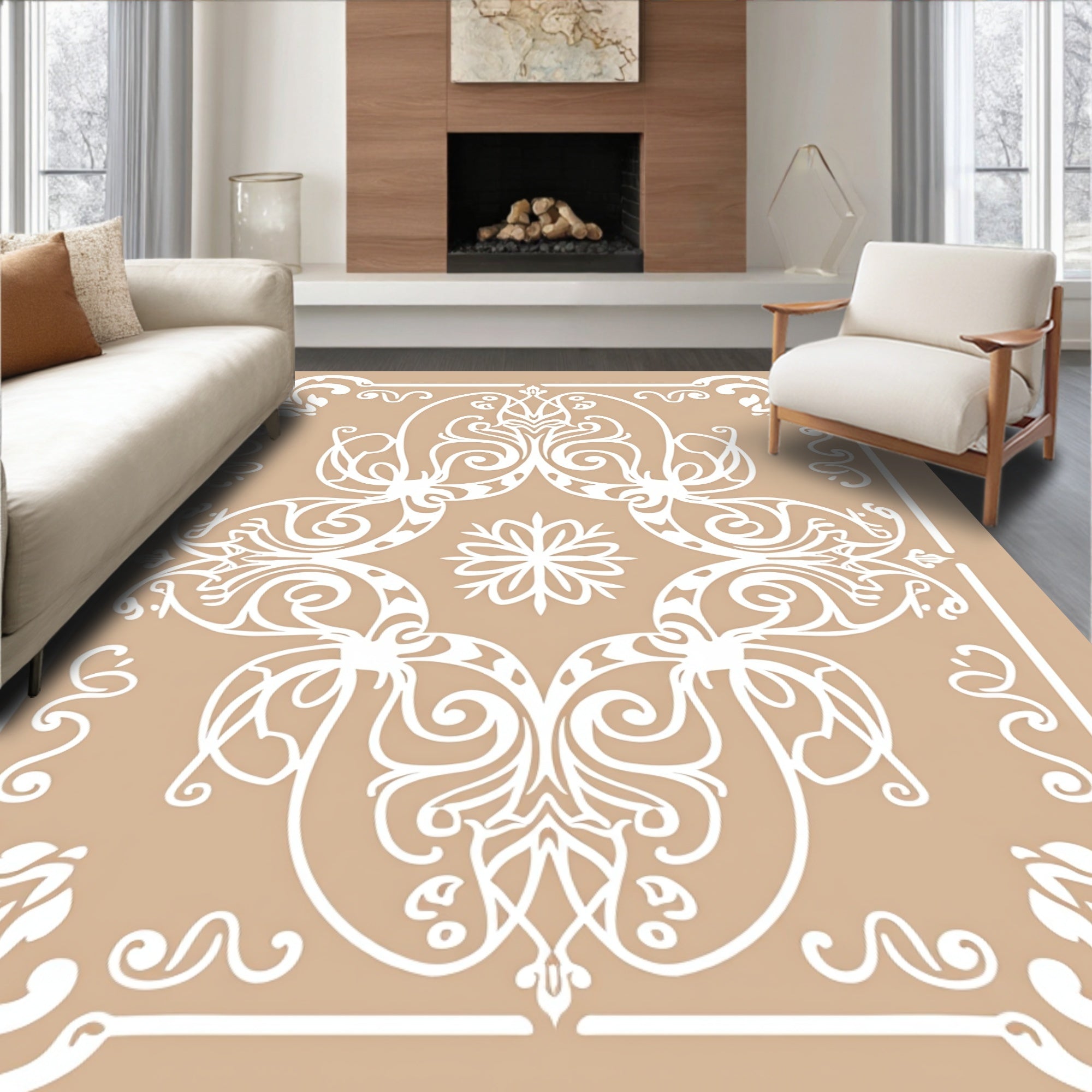 Tan Ornate Scrollwork Pattern Rug