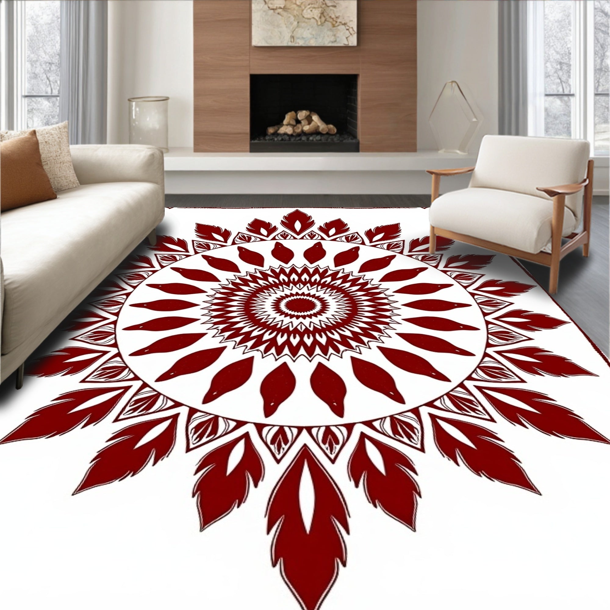 Crimson Sunburst Mandala Pattern Rug