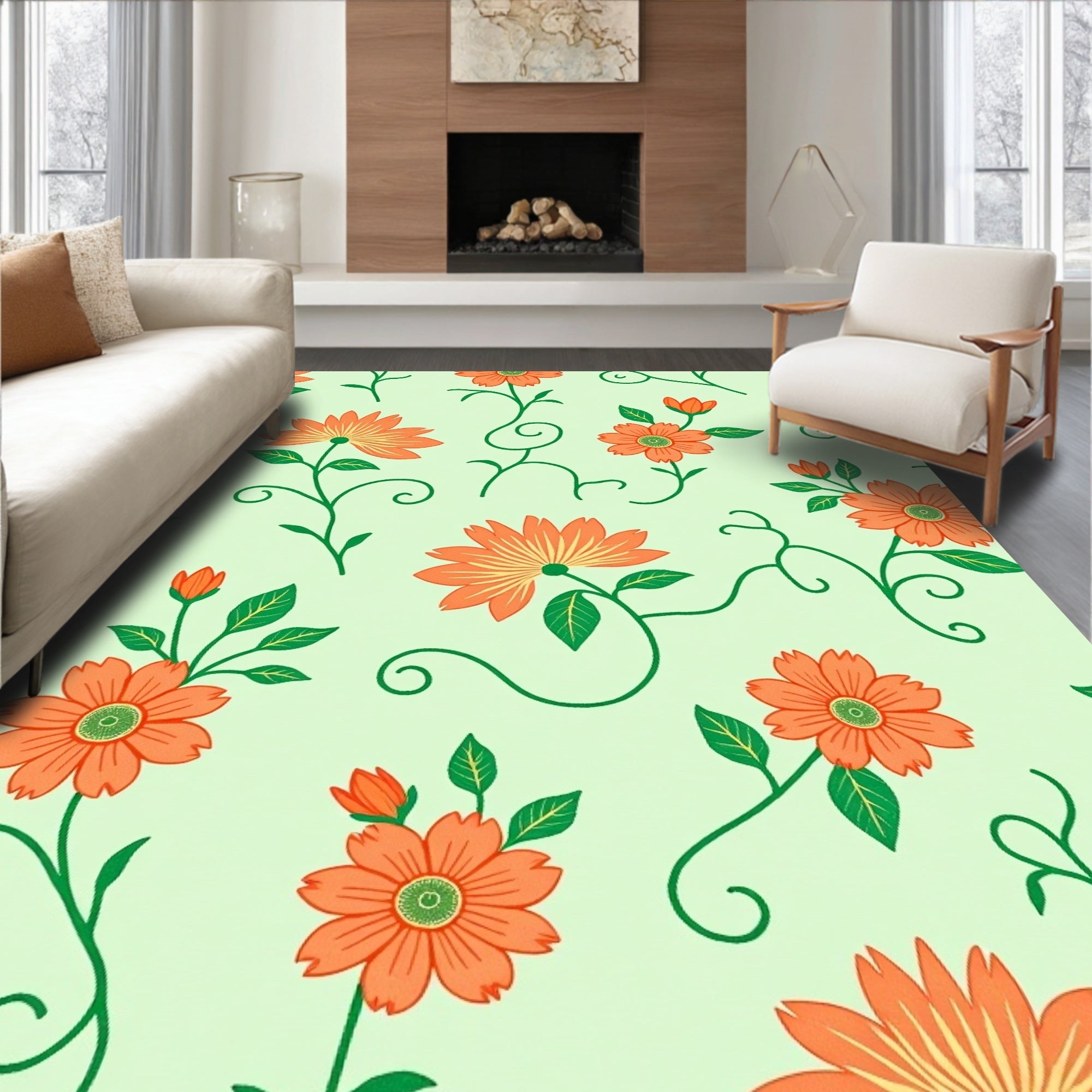 Orange Floral Vine Pattern Rug