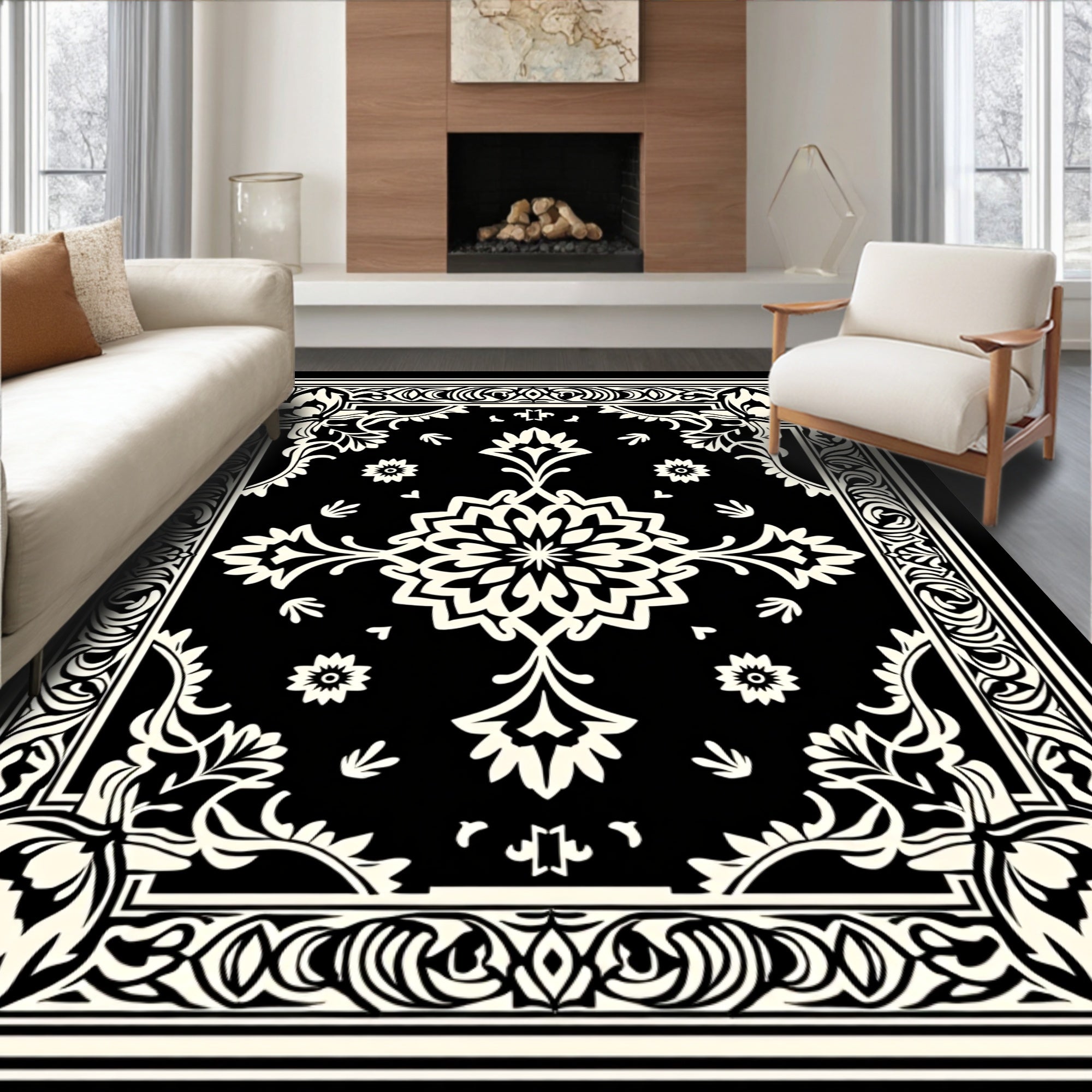 Classic Black Ivory Floral Mandala Rug