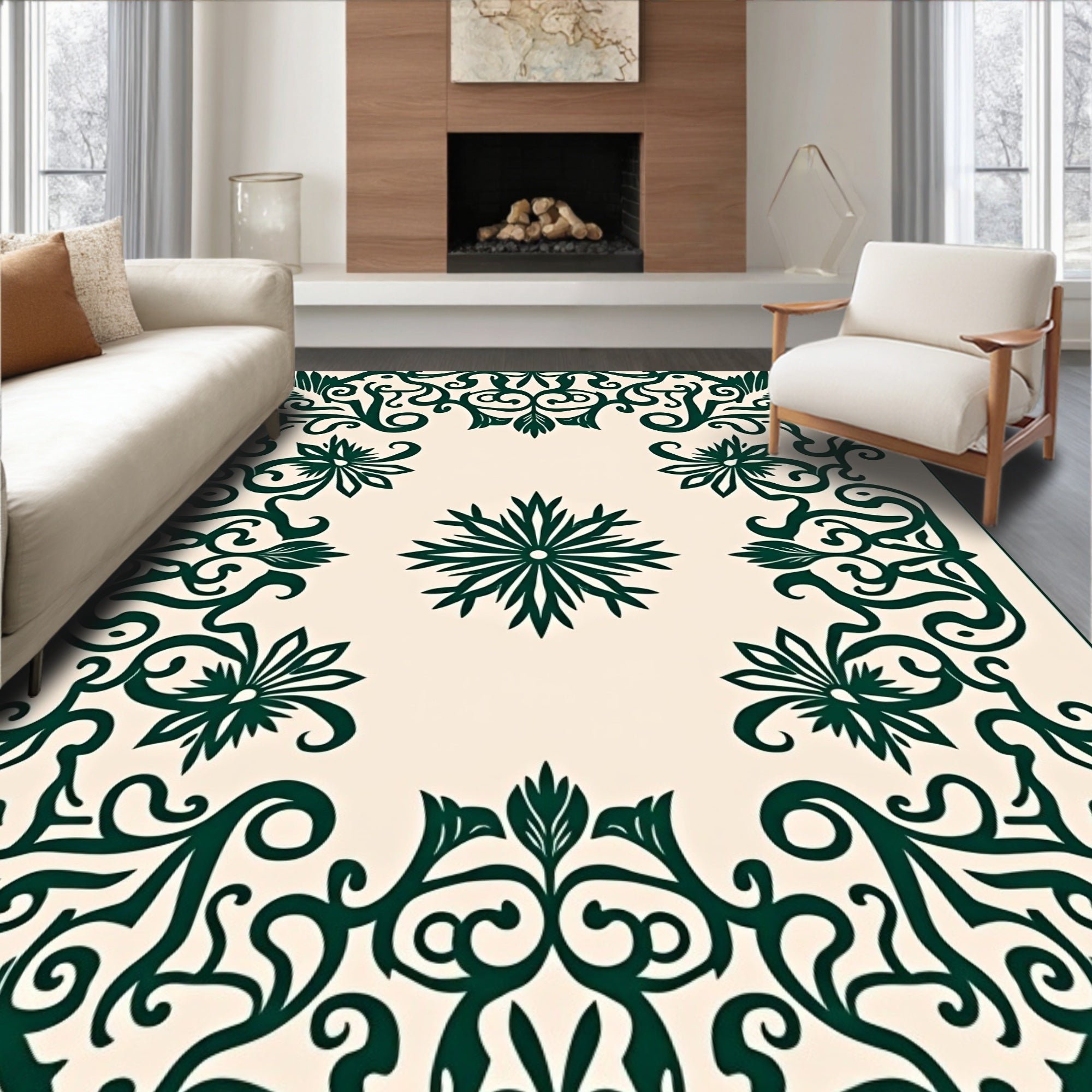 Ornate Green Floral Filigree Pattern Rug
