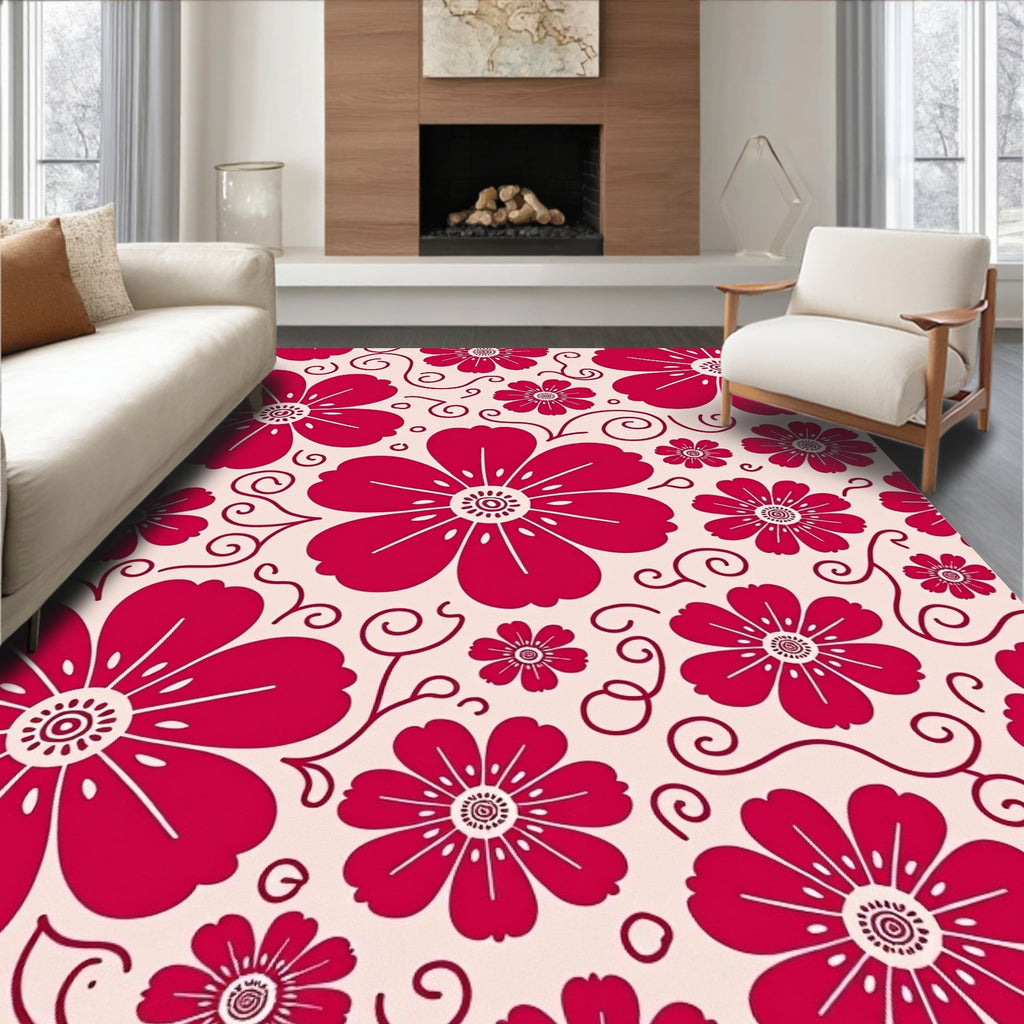 Crimson Floral Pattern with Swirls Rug