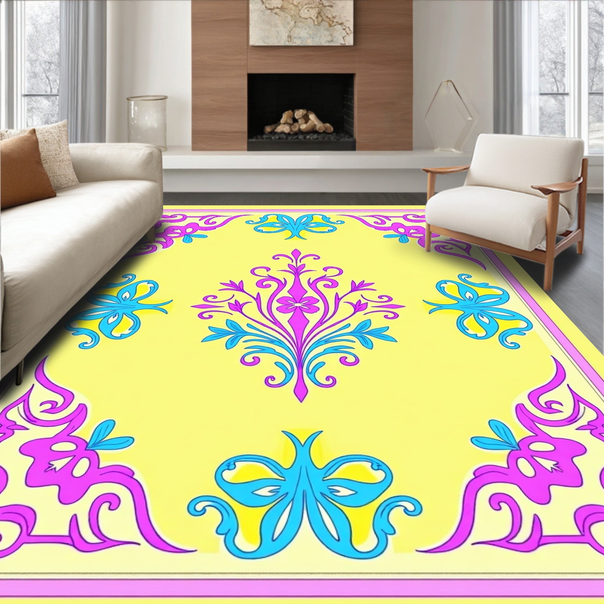 Ornate Yellow Floral Pattern Rug