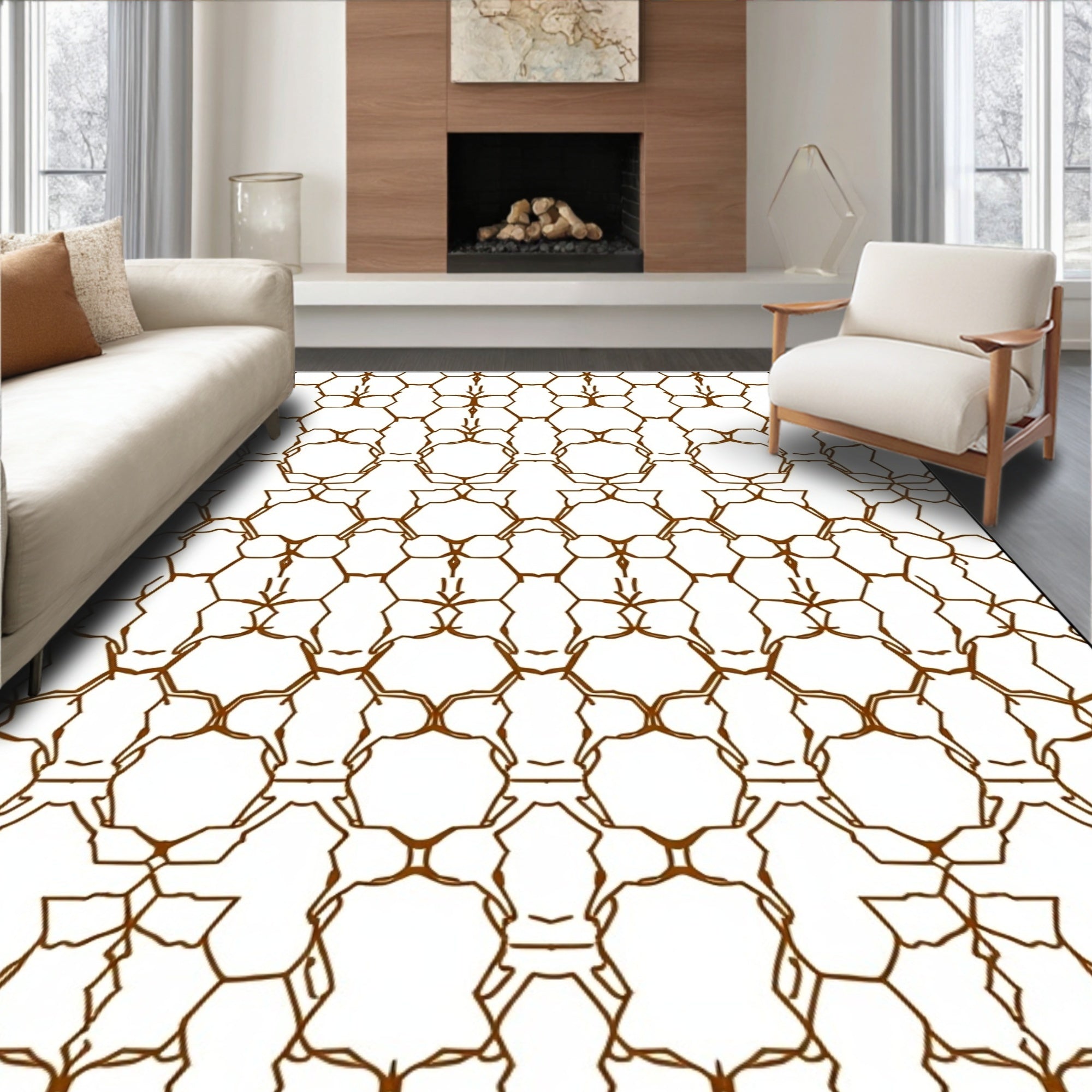 Brown Hexagonal Outline Pattern Rug