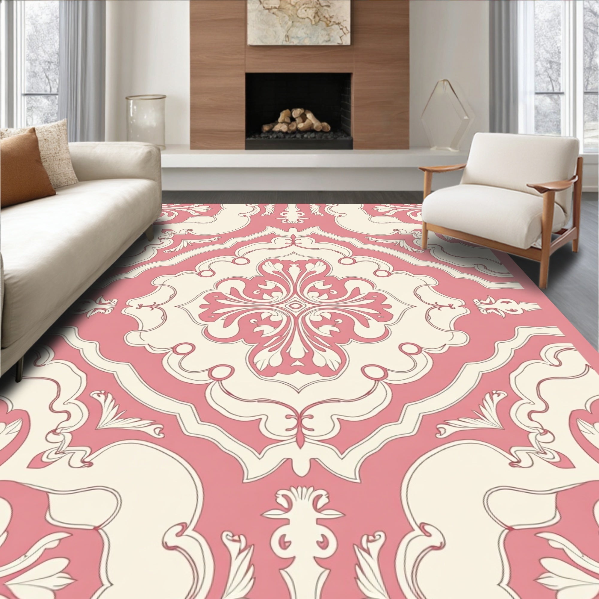 Classic Pink Cream Damask Design Rug
