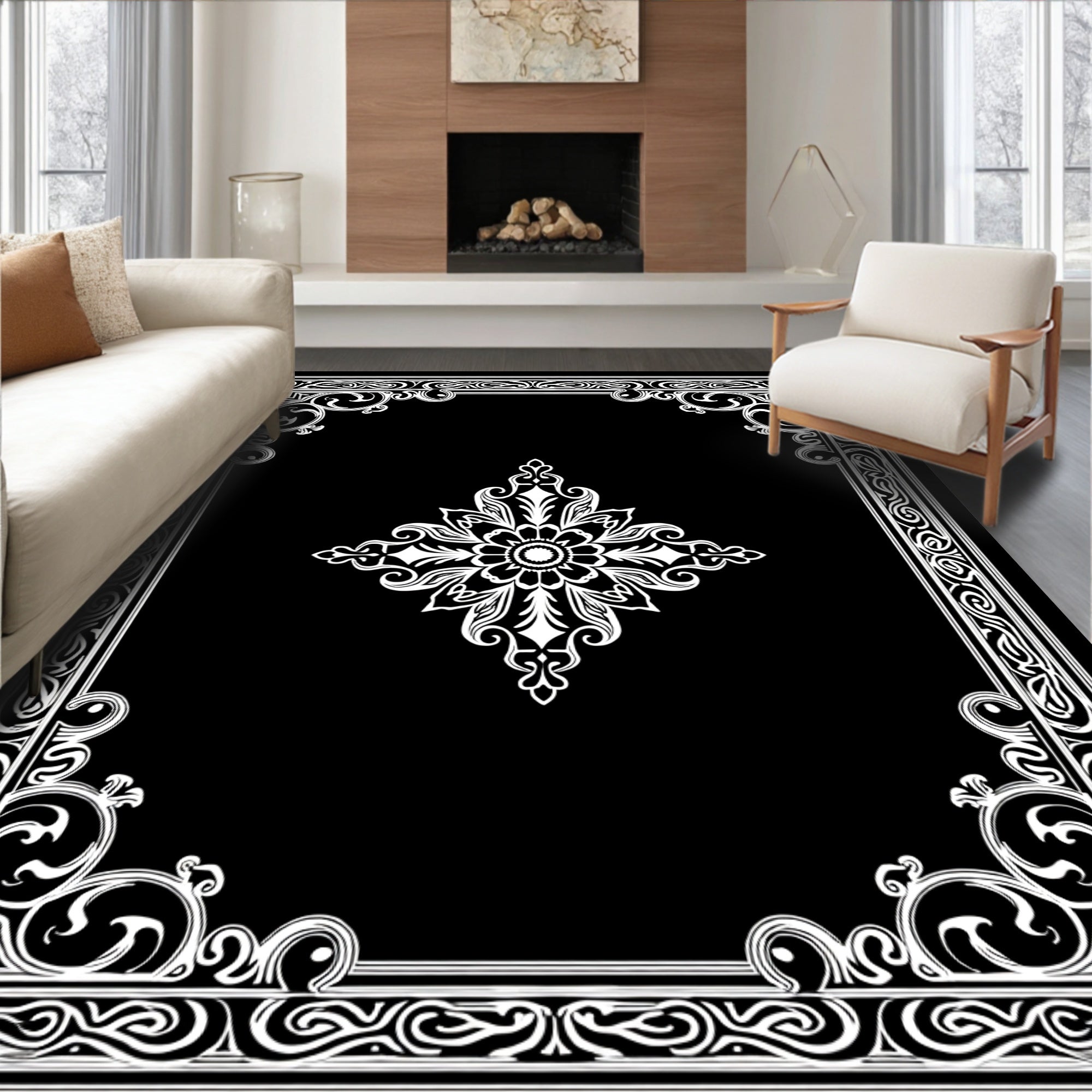 Ornate Black White Floral Frame Rug