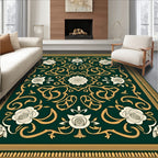 Ornate Green Rose Scroll Work Rug