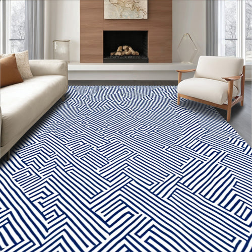 Abstract Maze Blue Line Pattern Rug