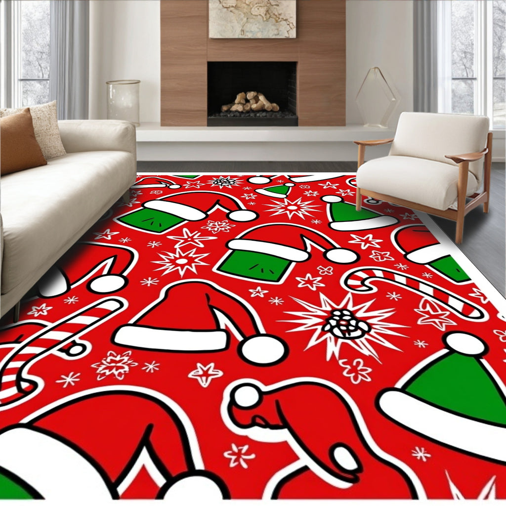 Red Festive Santa Hats Candy Canes Rug