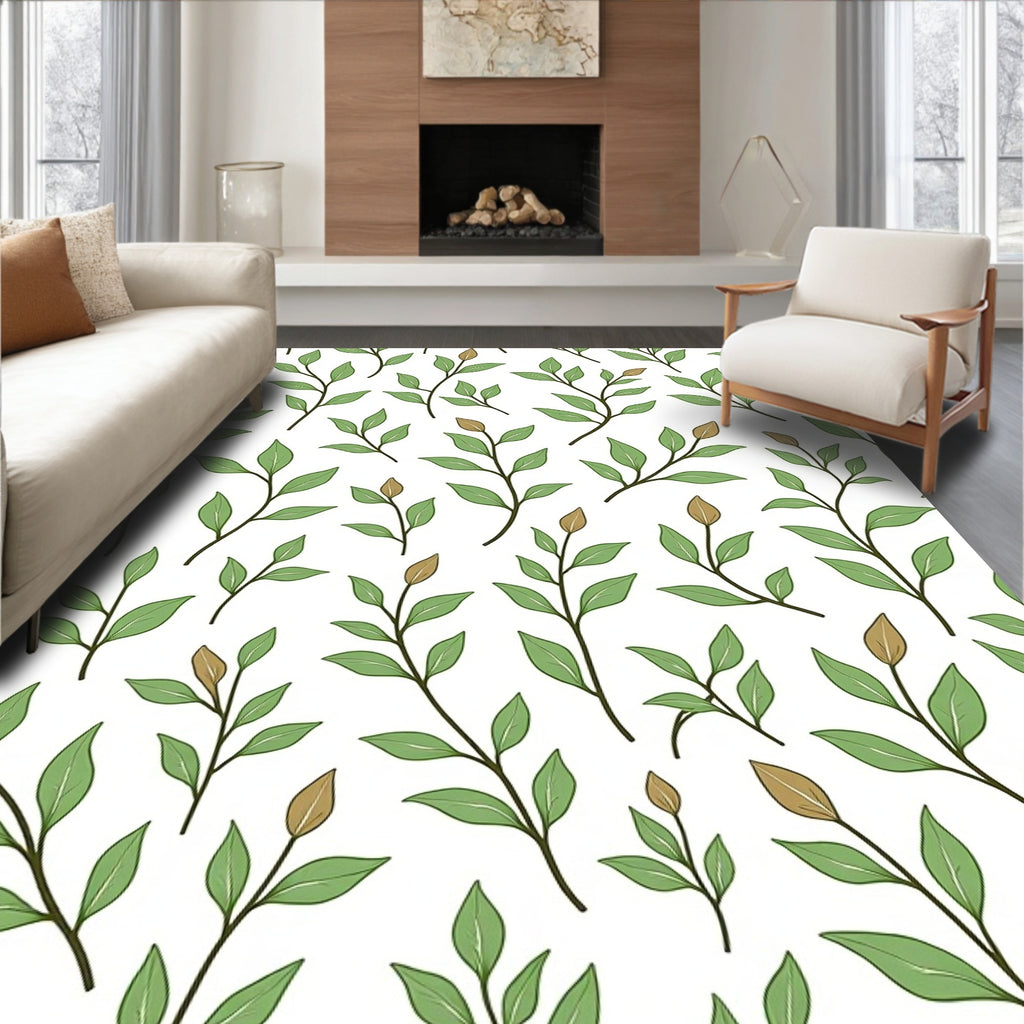 Delicate Green Leafy Branch Pattern Rug