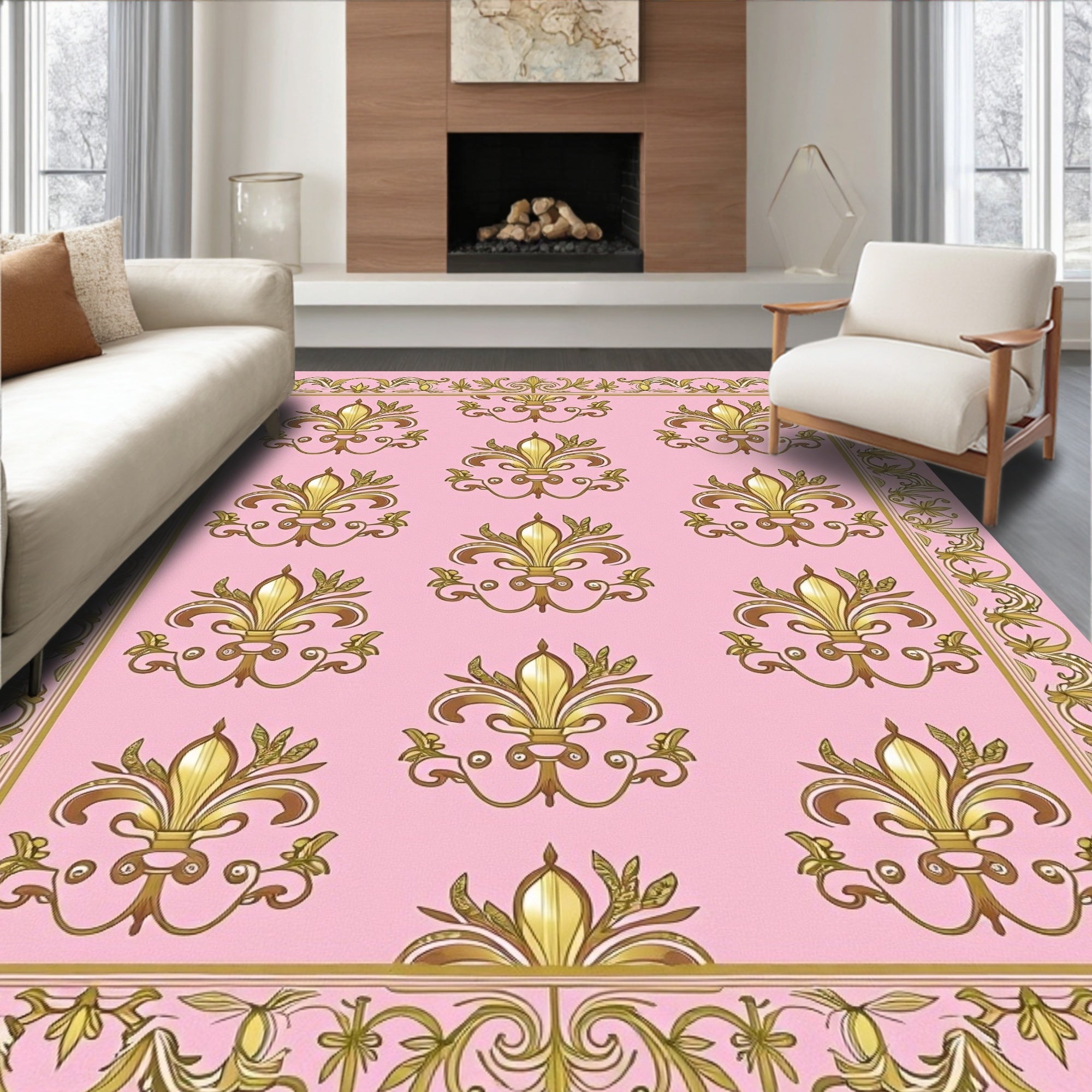 Golden Fleur De Lis Patterned Pink Rug
