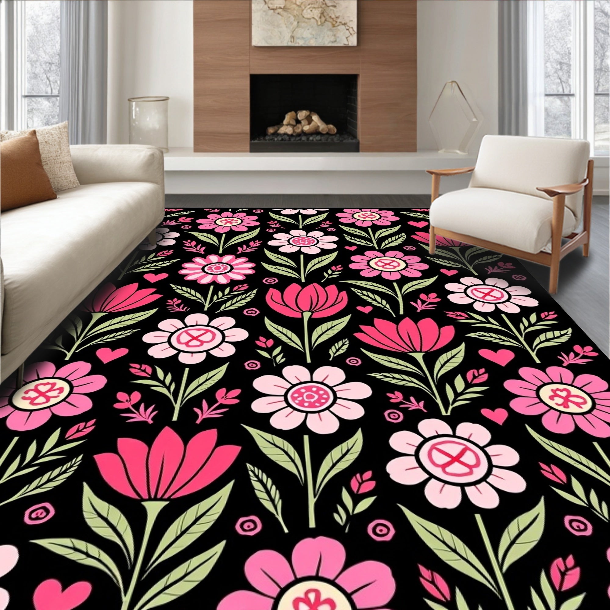 Floral Heart Meadow Pattern Rug