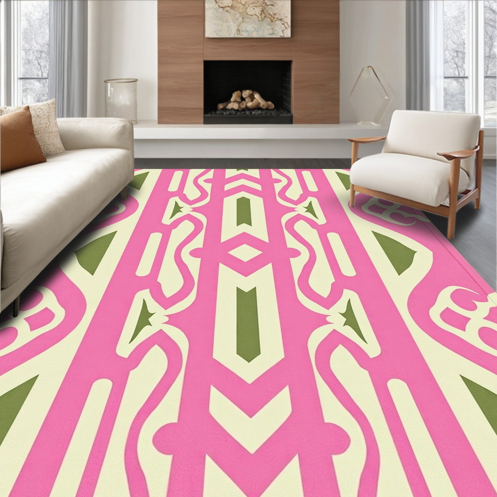 Pink Green Geometric Pattern Rug