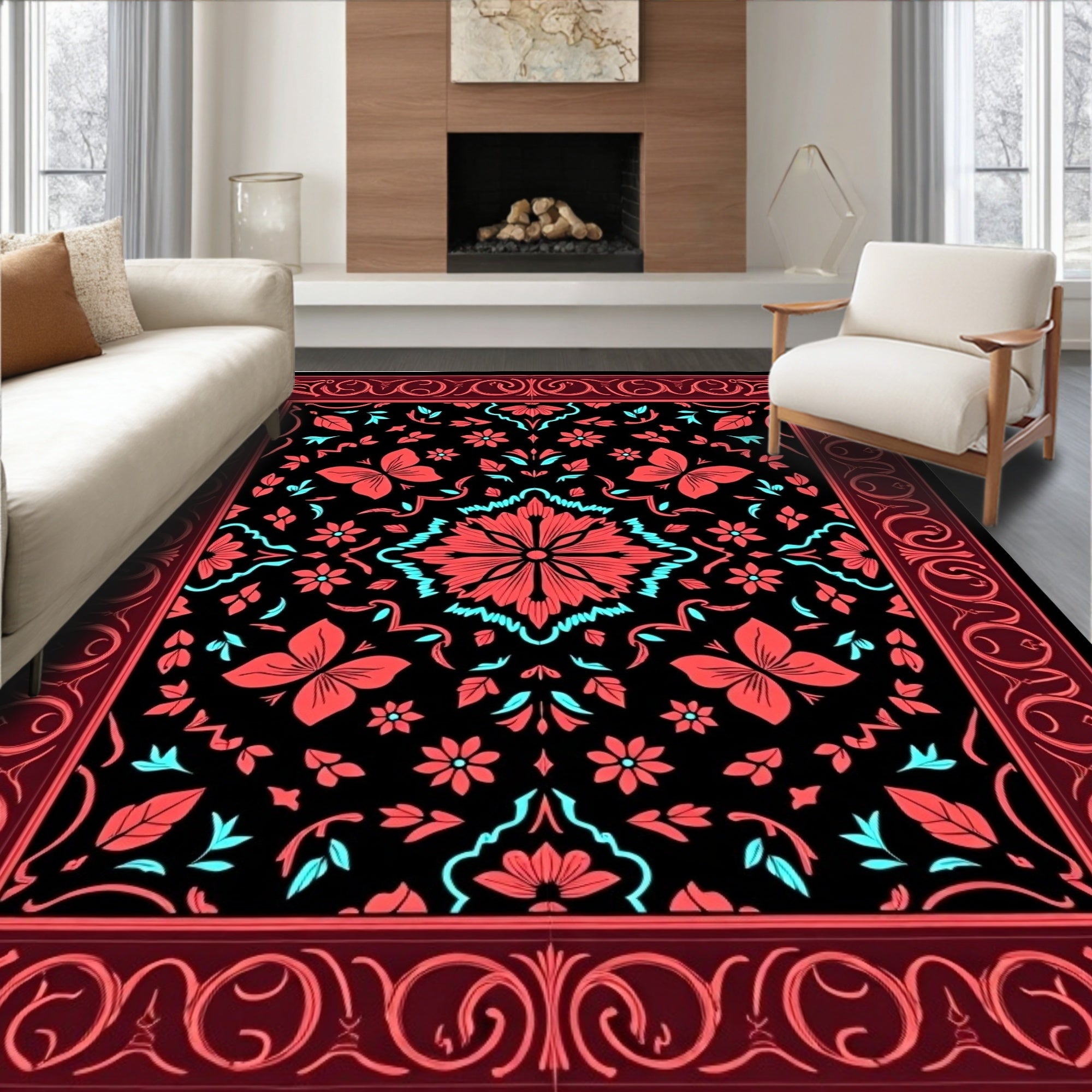 Rich Red Coral Floral Scroll Pattern Rug