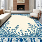 Detailed Floral Botanical Blue White Frame Rug