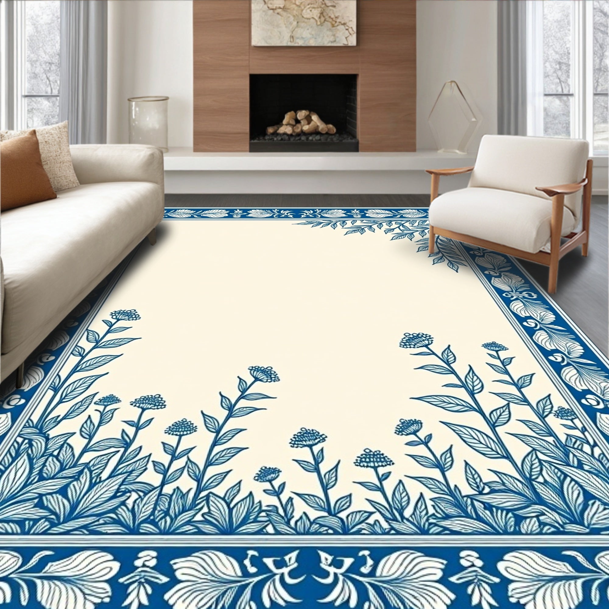 Detailed Floral Botanical Blue White Frame Rug