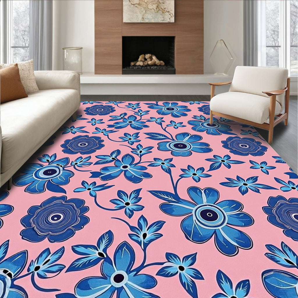 Whimsical Blue Floral Patterned Rug