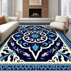 Navy Blue Traditional Floral Pattern Rug