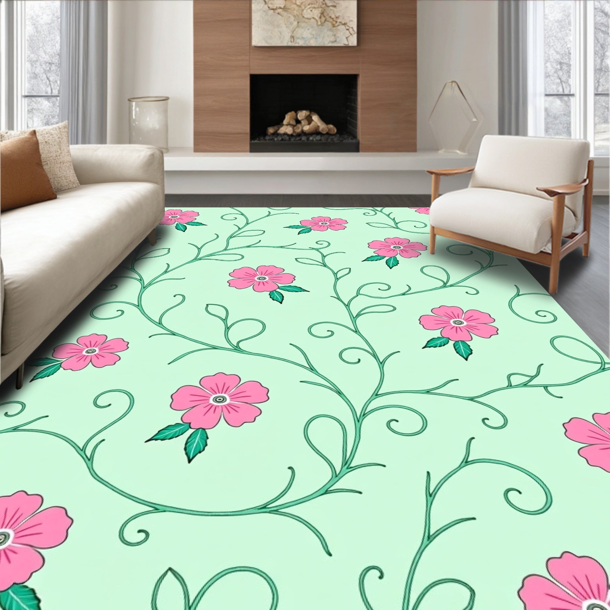 Pink Blossom Vine Whimsical Pattern Rug