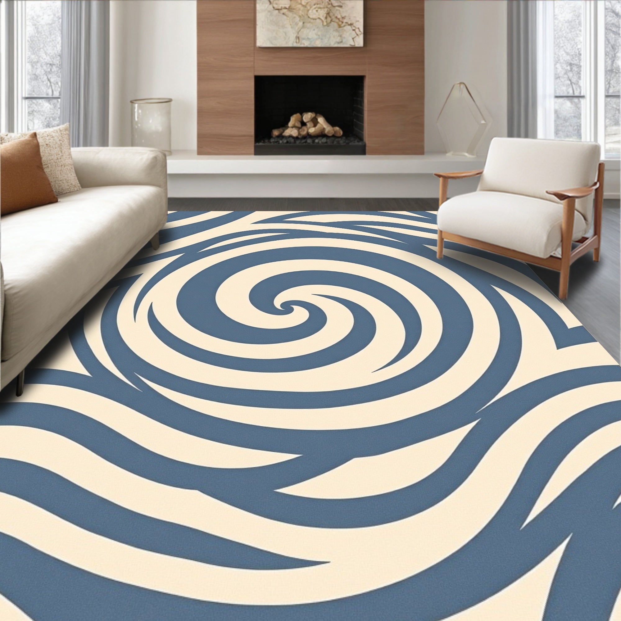 Calm Blue Swirl Patterned Design Rug