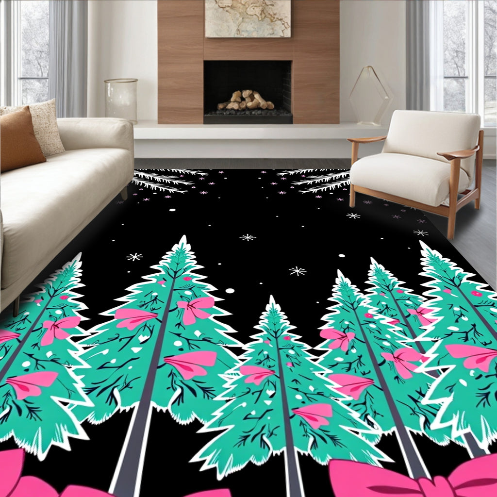 Pink Bow Teal Christmas Tree Forest Rug