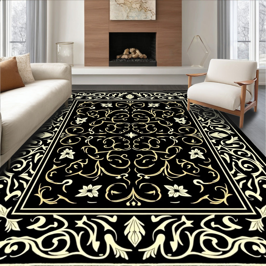 Black Cream Ornate Floral Pattern Rug