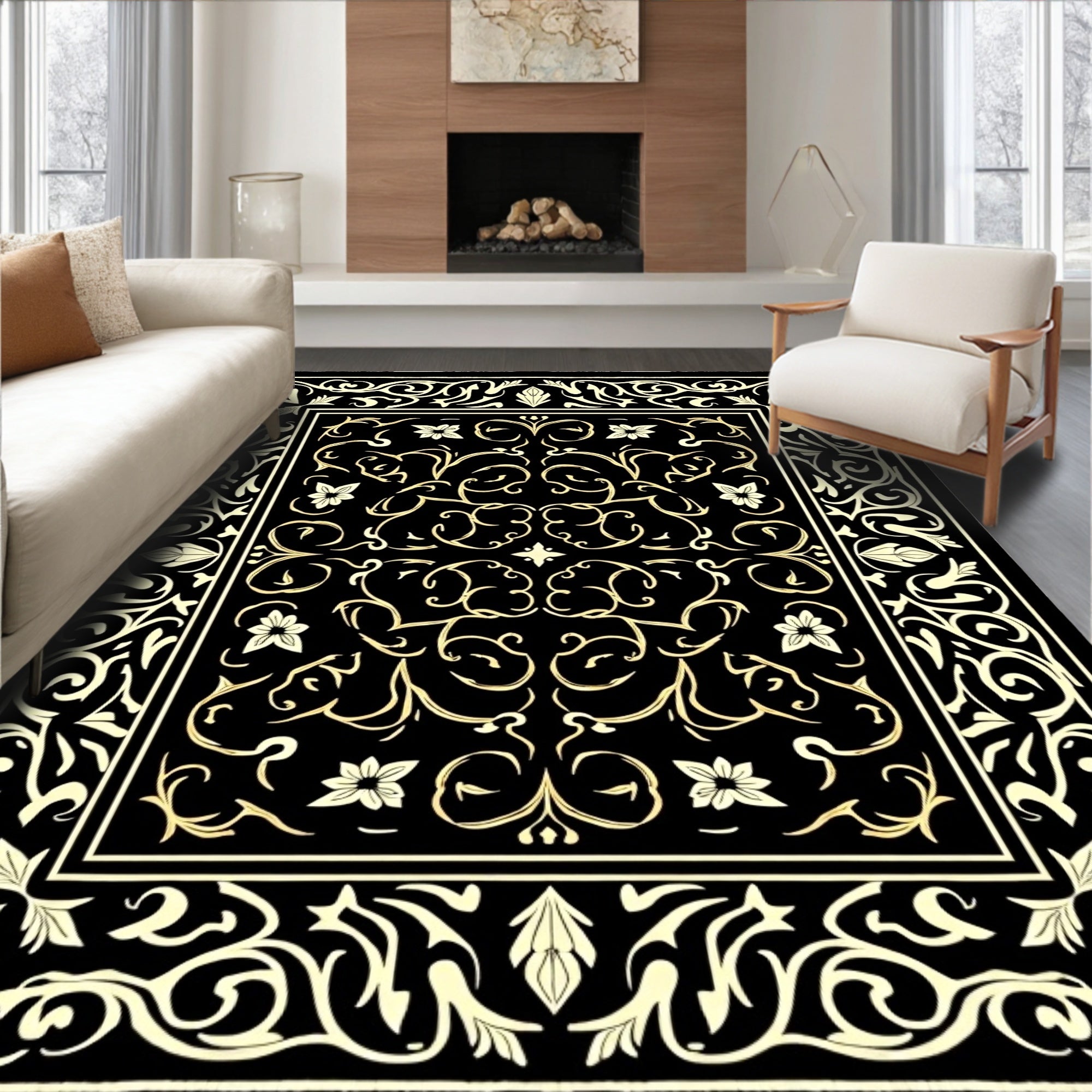 Black Cream Ornate Floral Pattern Rug
