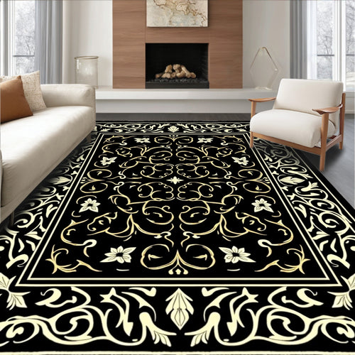 Black Cream Ornate Floral Pattern Rug