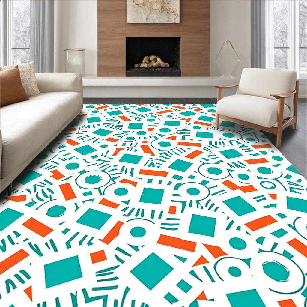 Teal Orange Abstract Geometric Collage Rug