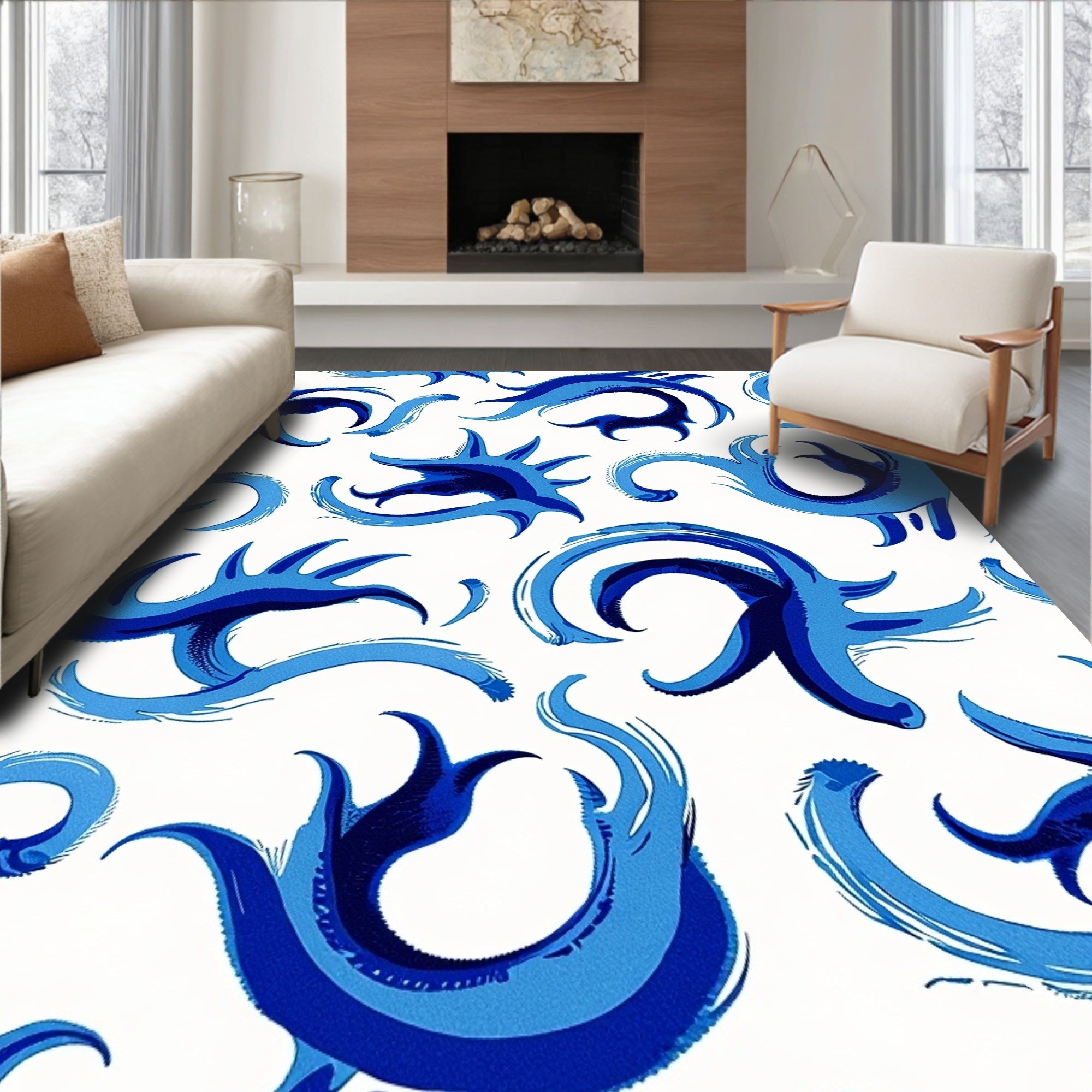 Dynamic Blue Swirl Organic Pattern Rug