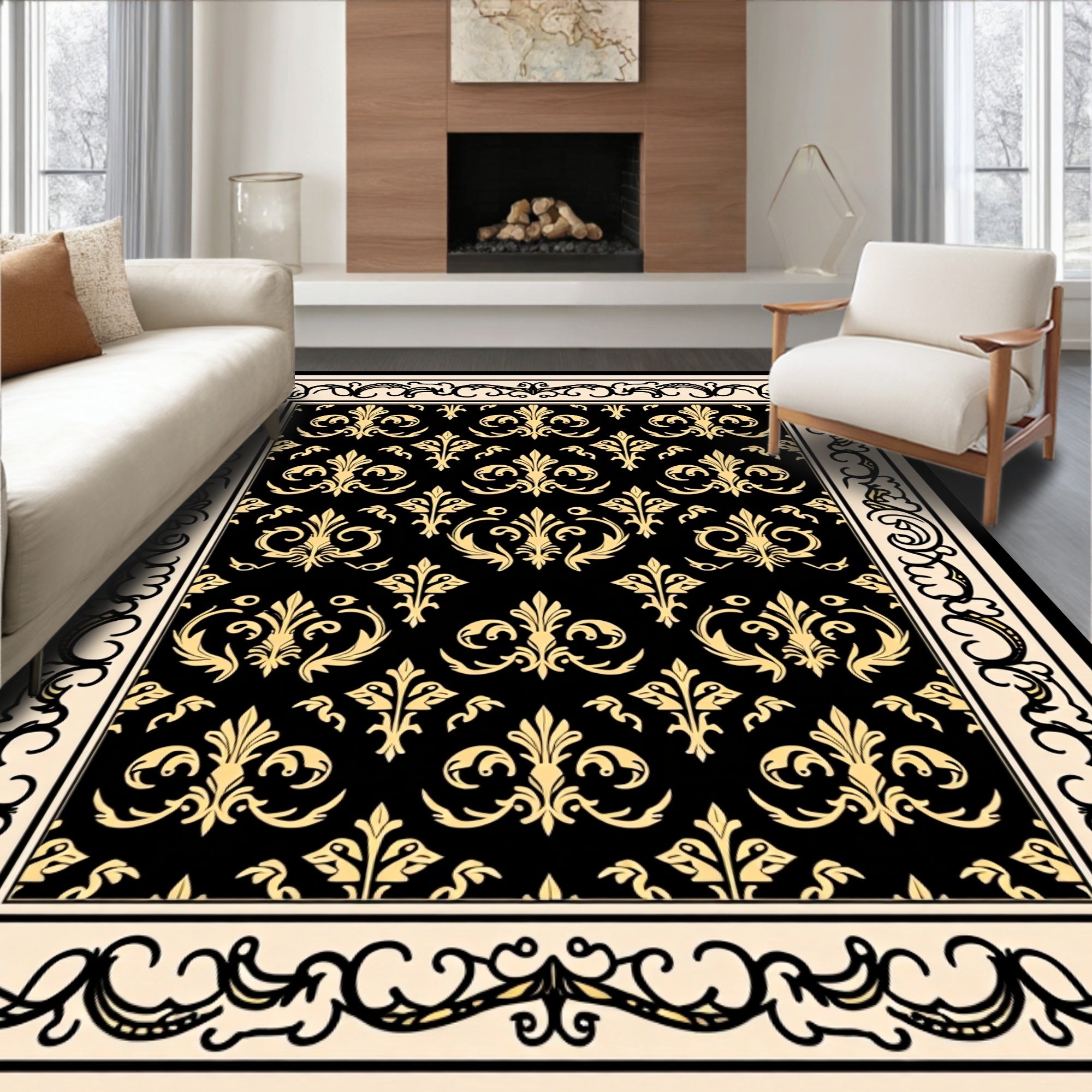Black Gold Baroque Scroll Pattern Rug