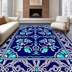 Intricate Blue Floral Scroll Border Rug