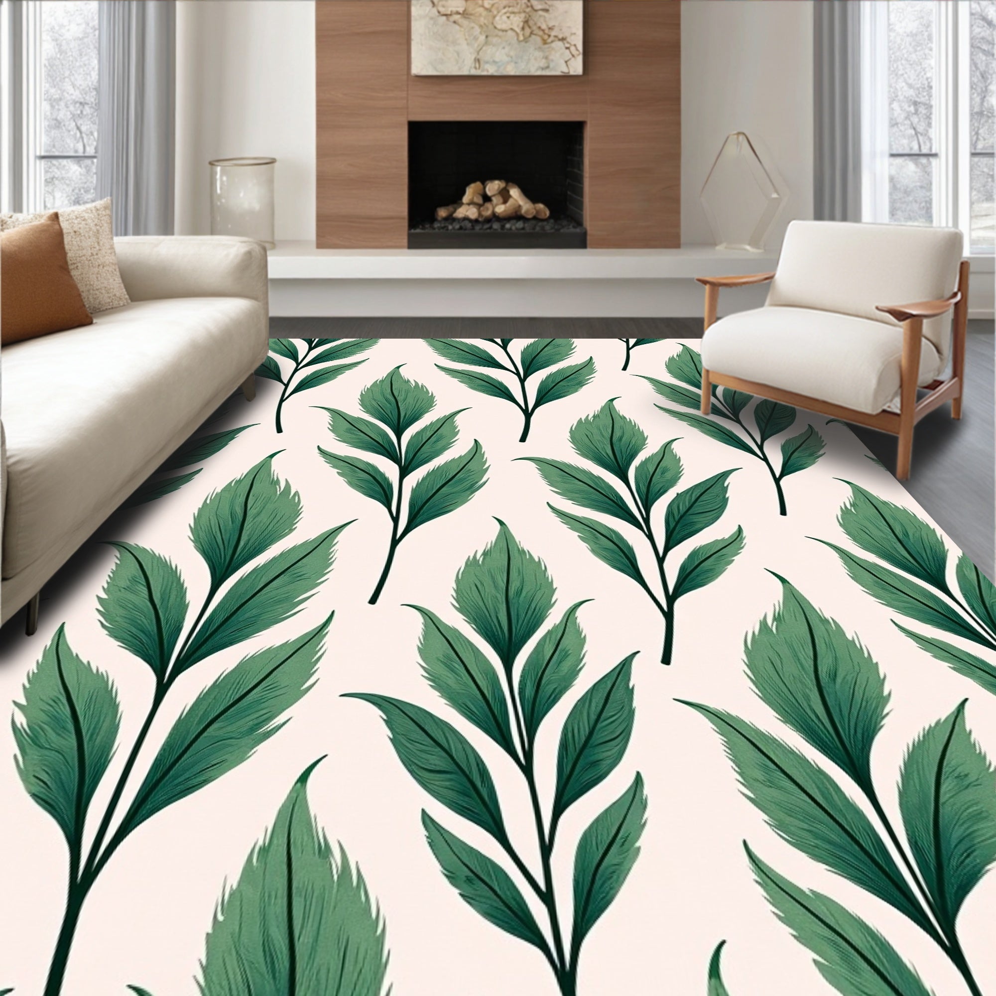 Elegant Green Leaf Botanical Pattern Rug