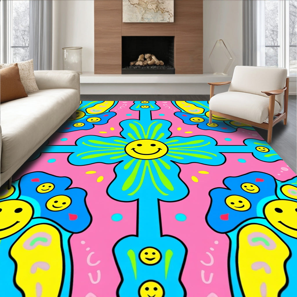 Groovy Smiley Flower Pattern Rug