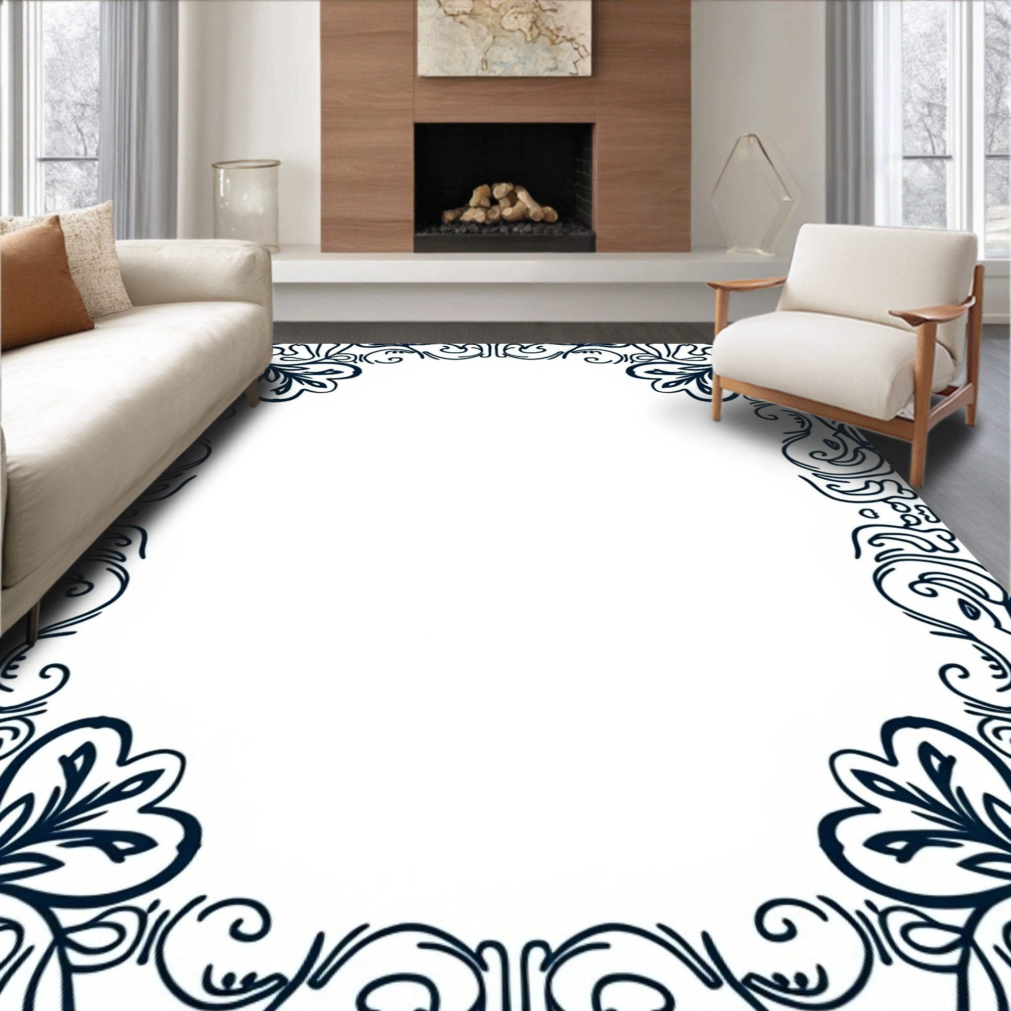 Elegant Outline Floral Border Design Rug