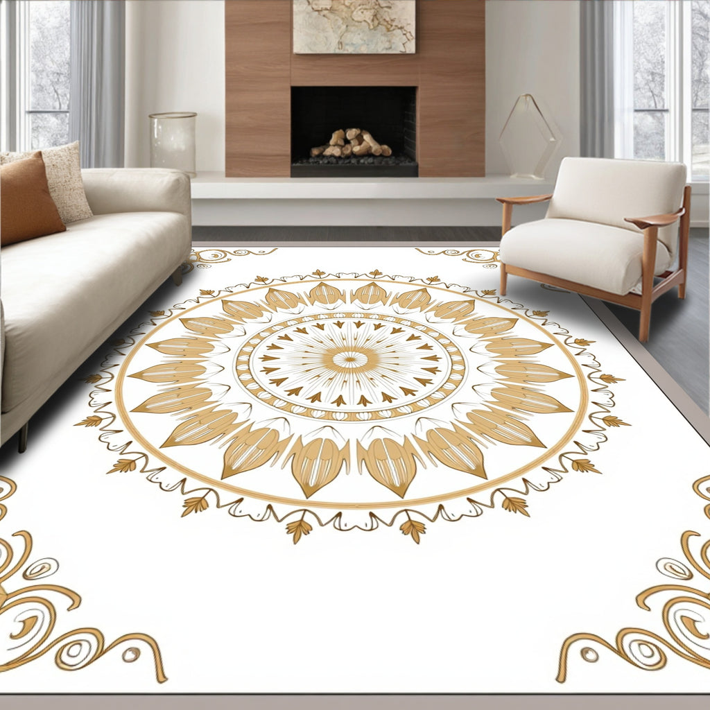 Ornate Gold Floral Mandala Design Rug