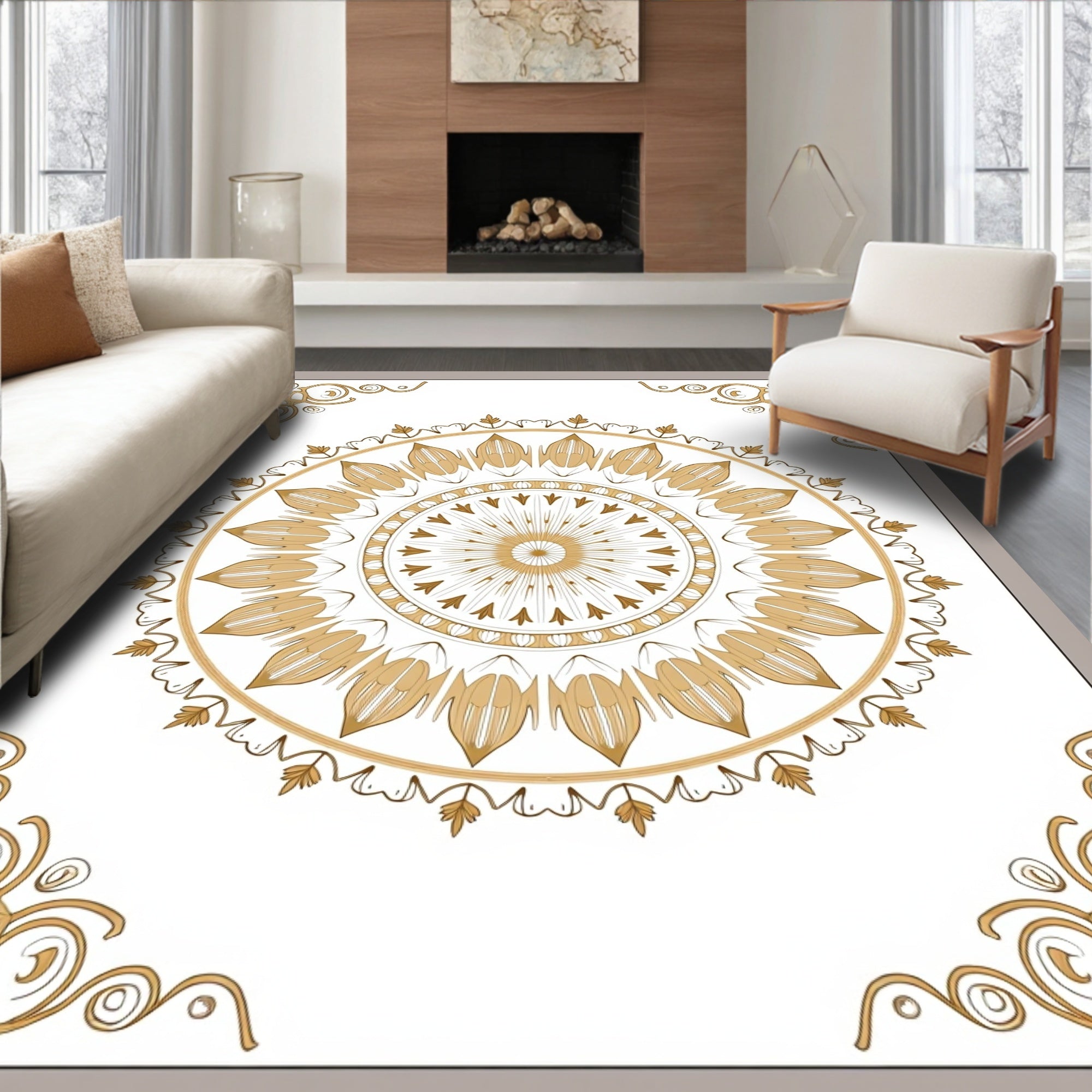 Ornate Gold Floral Mandala Design Rug