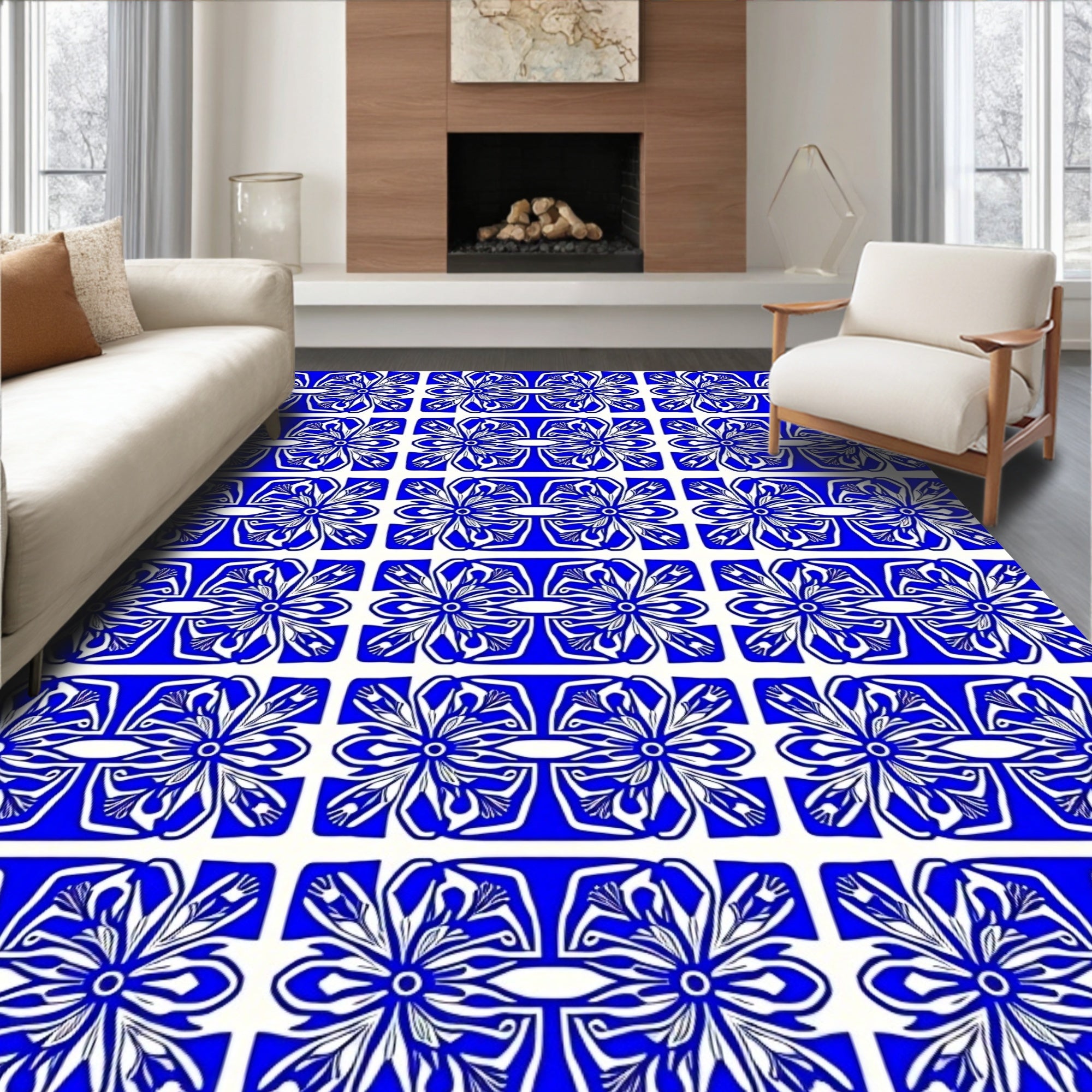 Blue White Symmetry Floral Pattern Rug