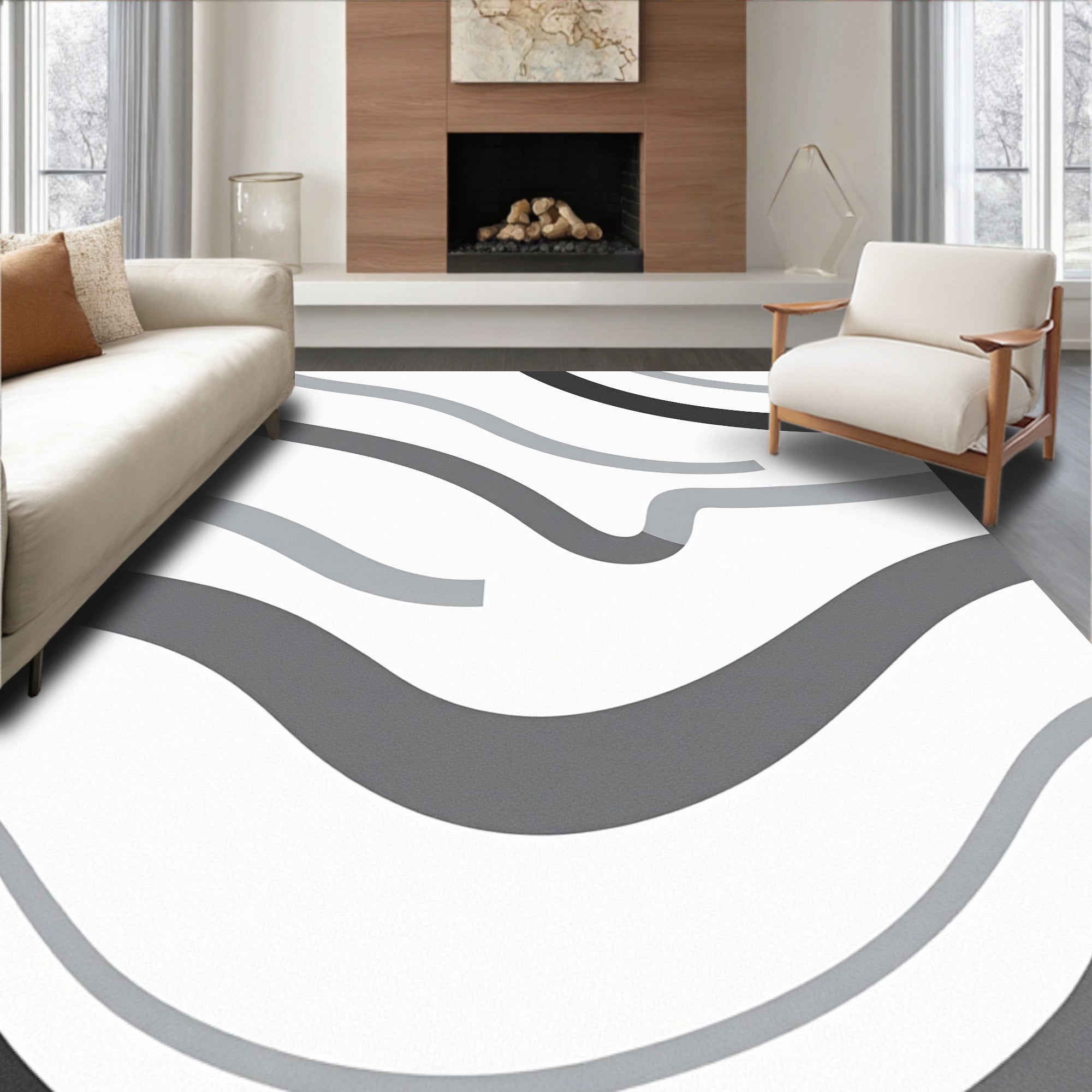 Abstract Gray Wave Pattern Rug